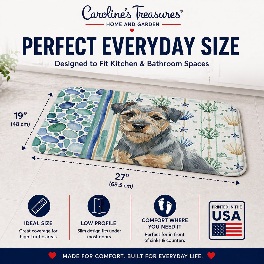 Blue and Tan Border Terrier Coastal Sea Glass Memory Foam Kitchen Mat Machine Washable Anti-Fatigue Cushion Comfort Bath or Kitchen Rug
