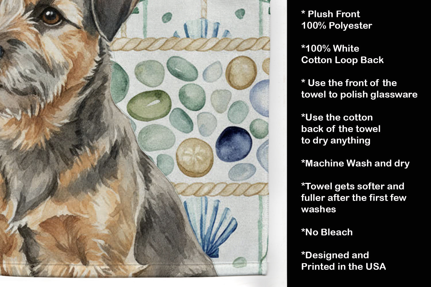Grizzle and Tan Border Terrier Coastal Sea Glass Kitchen Towel Velour Plush Front and Cotton Loop Back Machine Washable
