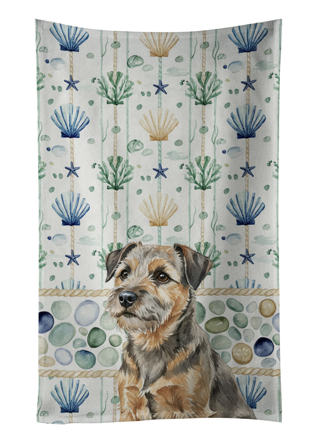 Grizzle and Tan Border Terrier Coastal Sea Glass Kitchen Towel Velour Plush Front and Cotton Loop Back Machine Washable