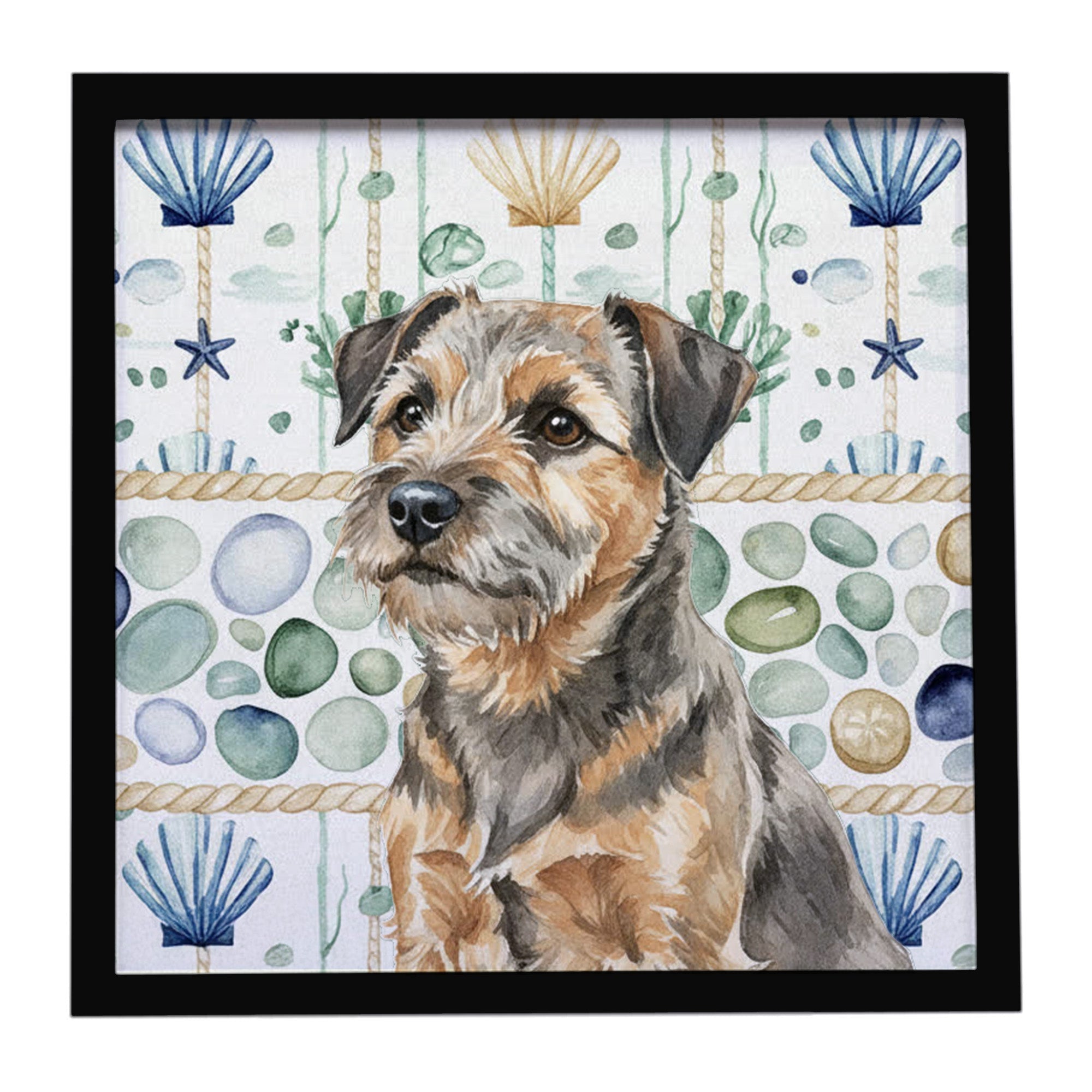 Grizzle and Tan Border Terrier Coastal Sea Glass Framed Metal Print Bathroom, Kitchen, Office, Home Decor Wall Art Ready to Hang, Square, 8X8