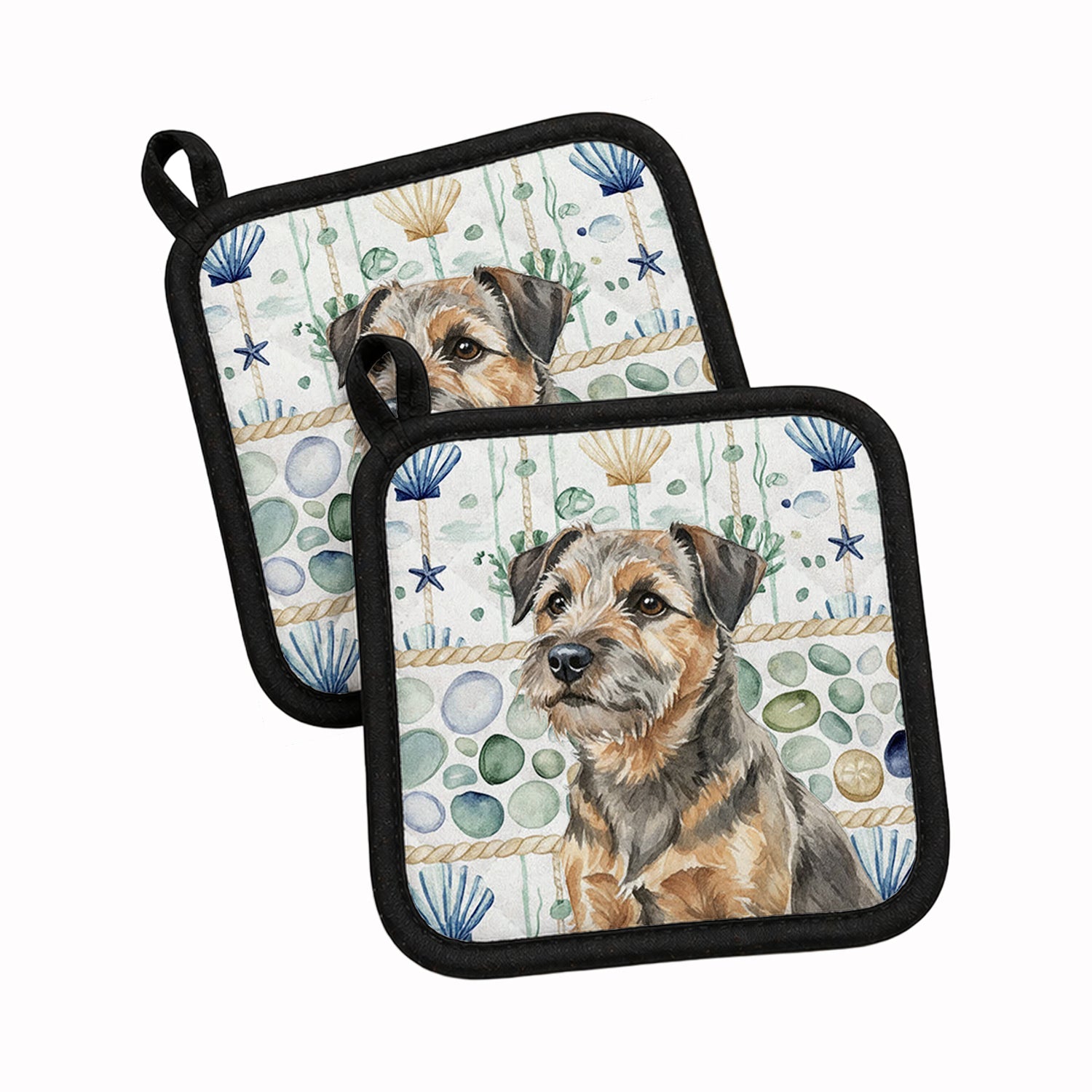 Grizzle and Tan Border Terrier Coastal Sea Glass Pot Holder Set of 2 Heat Resistant Quilted Hot Pads 7.5 x 7.5 Inch, Insulated Kitchen Trivets for Cooking & Baking