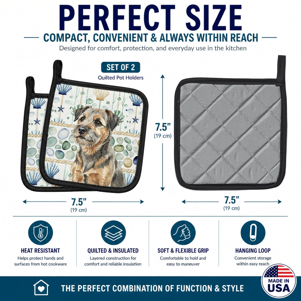 Grizzle and Tan Border Terrier Coastal Sea Glass Pot Holder Set of 2 Heat Resistant Quilted Hot Pads 7.5 x 7.5 Inch, Insulated Kitchen Trivets for Cooking & Baking