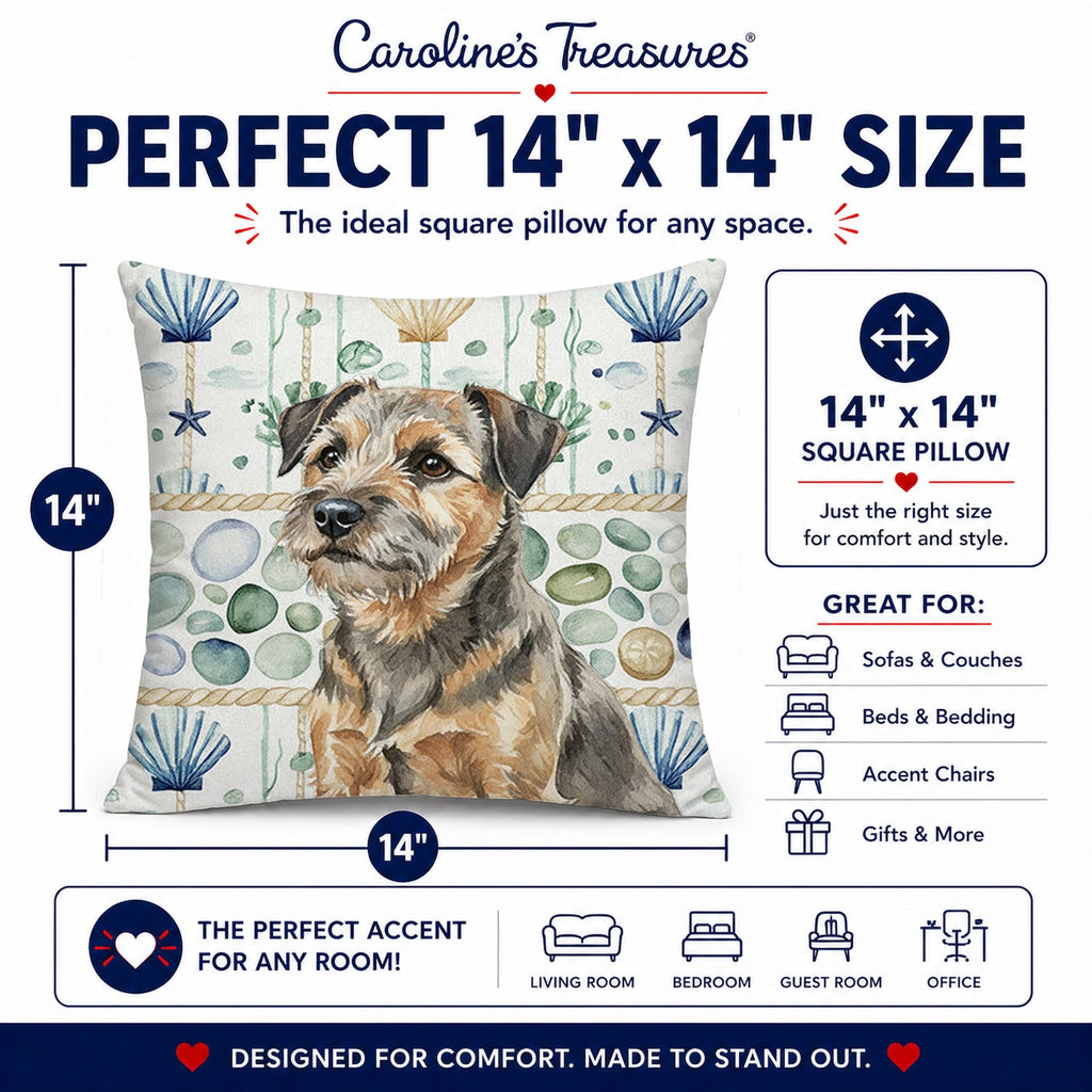 Grizzle and Tan Border Terrier Coastal Sea Glass Decorative Throw Pillow 14x14 Indoor Outdoor Accent Cushion, Fabric Cover with Insert for Sofa, Bed, Porch & Living Room