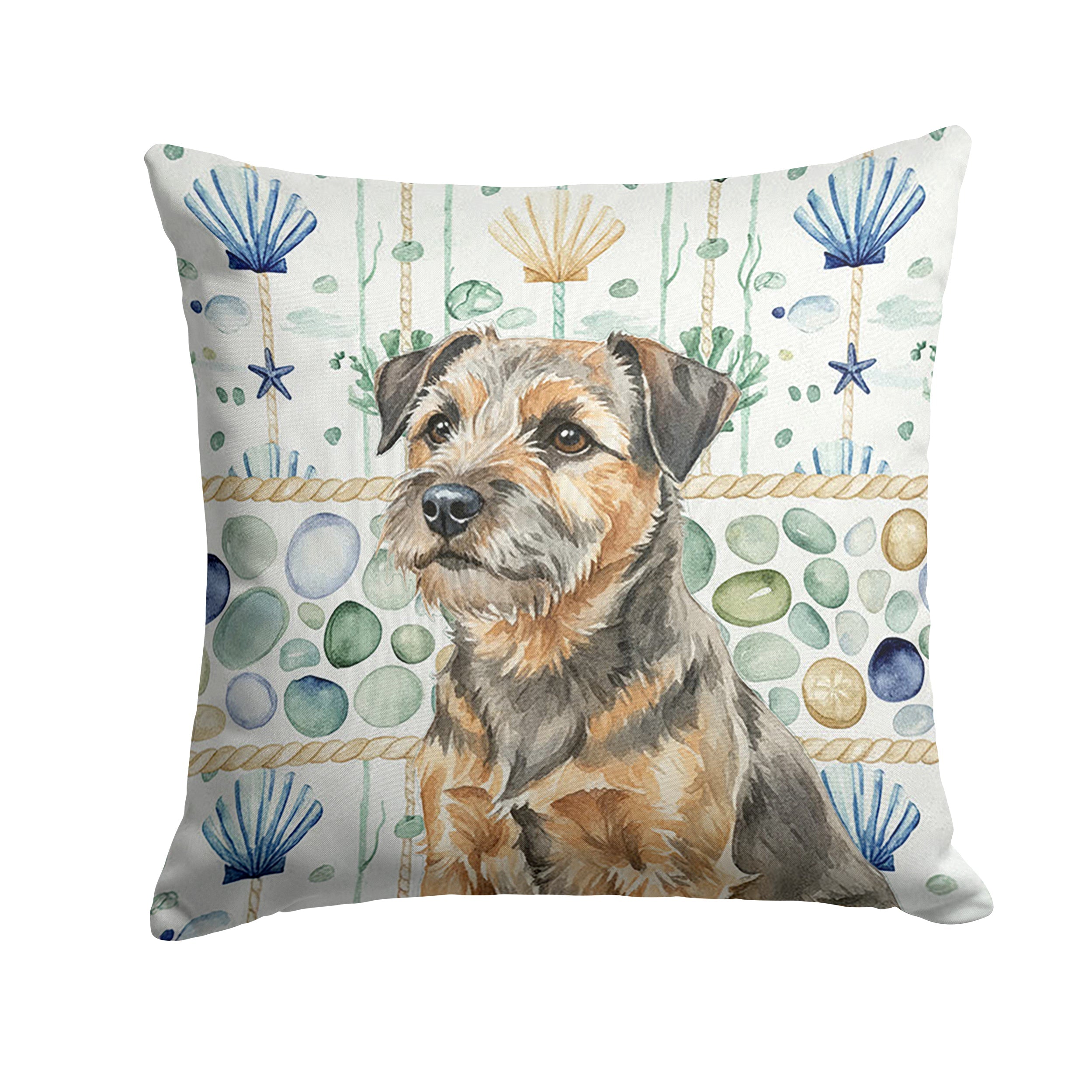 Grizzle and Tan Border Terrier Coastal Sea Glass Decorative Throw Pillow 14x14 Indoor Outdoor Accent Cushion, Fabric Cover with Insert for Sofa, Bed, Porch & Living Room