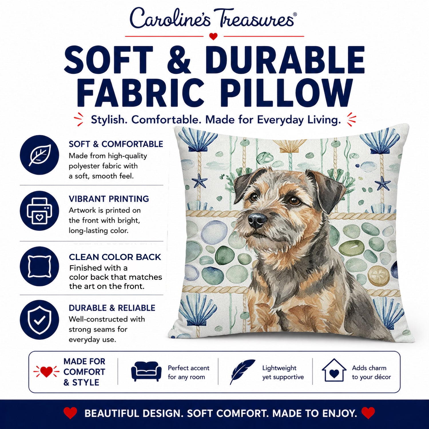 Grizzle and Tan Border Terrier Coastal Sea Glass Decorative Throw Pillow 18x18 Indoor Outdoor Accent Cushion, Fabric Cover with Insert for Sofa, Bed, Porch & Living Room