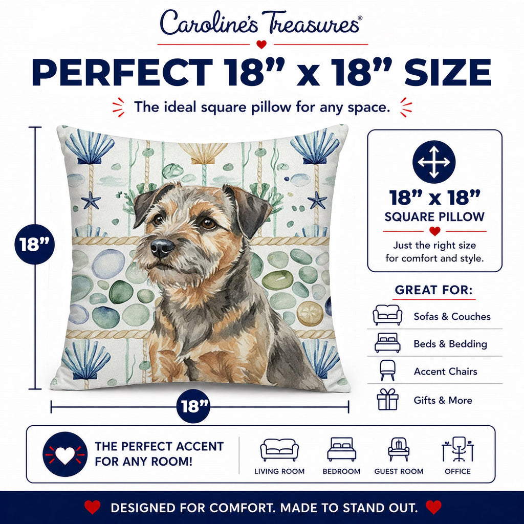 Grizzle and Tan Border Terrier Coastal Sea Glass Decorative Throw Pillow 18x18 Indoor Outdoor Accent Cushion, Fabric Cover with Insert for Sofa, Bed, Porch & Living Room