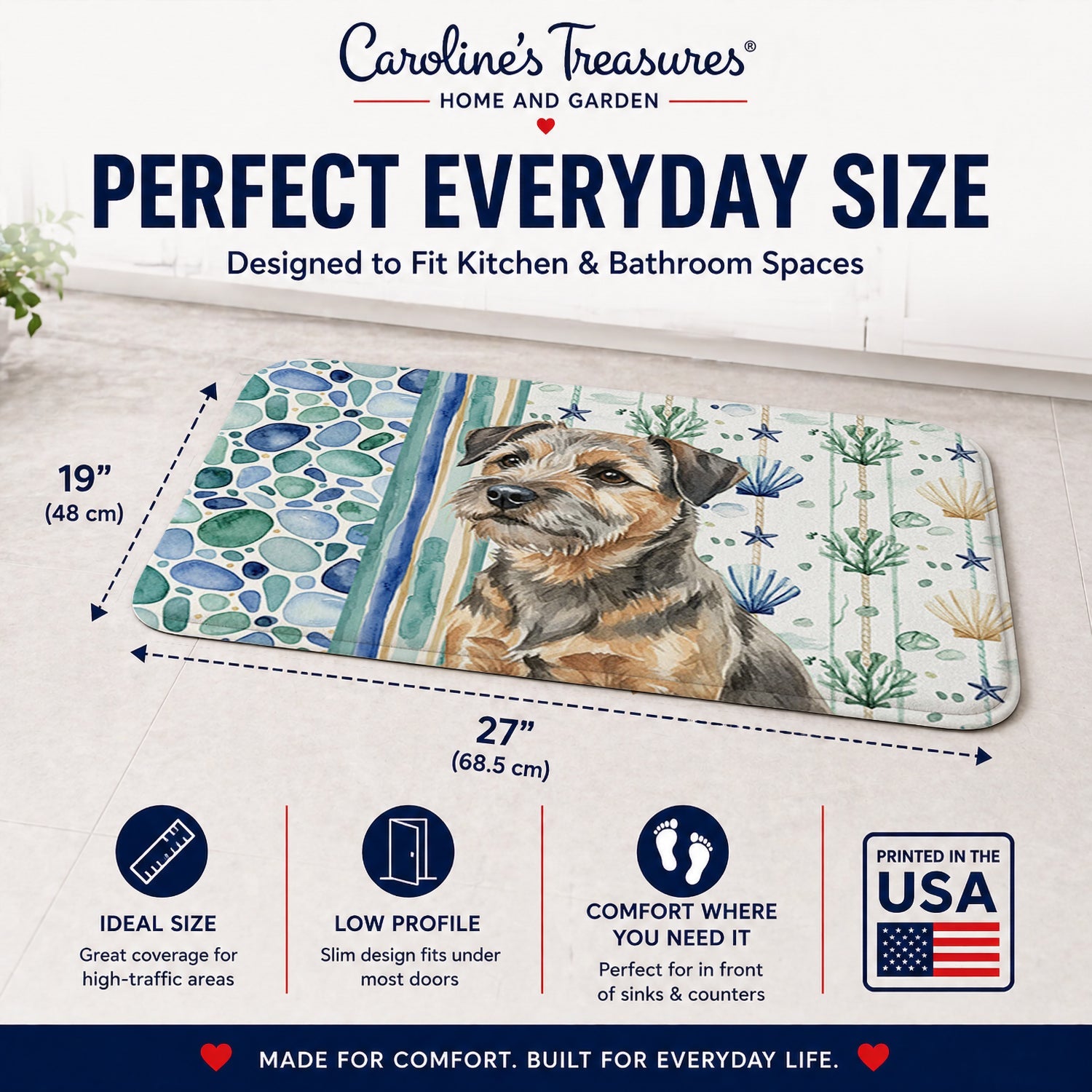 Grizzle and Tan Border Terrier Coastal Sea Glass Memory Foam Kitchen Mat Machine Washable Anti-Fatigue Cushion Comfort Bath or Kitchen Rug