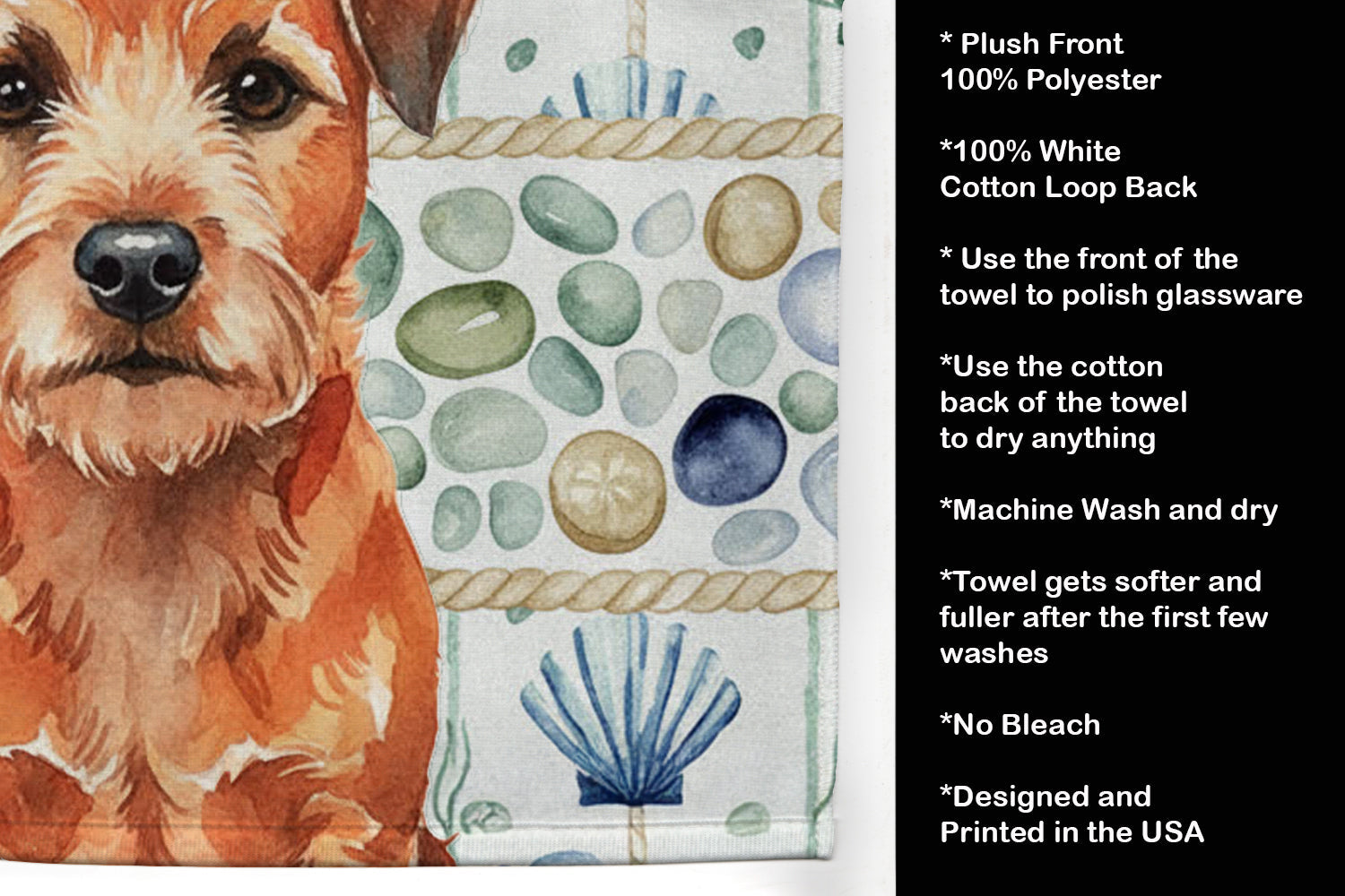 Red Border Terrier Coastal Sea Glass Kitchen Towel Velour Plush Front and Cotton Loop Back Machine Washable