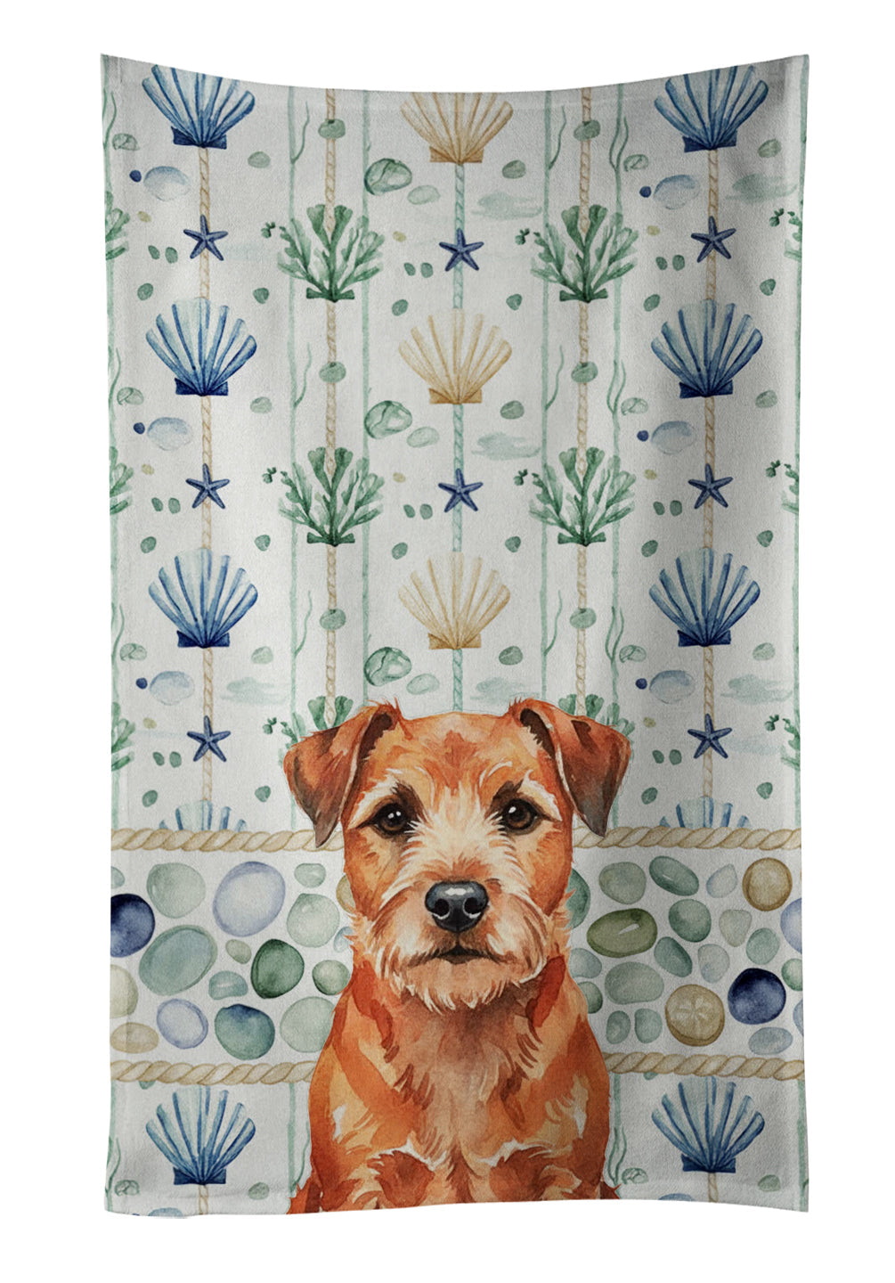 Red Border Terrier Coastal Sea Glass Kitchen Towel Velour Plush Front and Cotton Loop Back Machine Washable