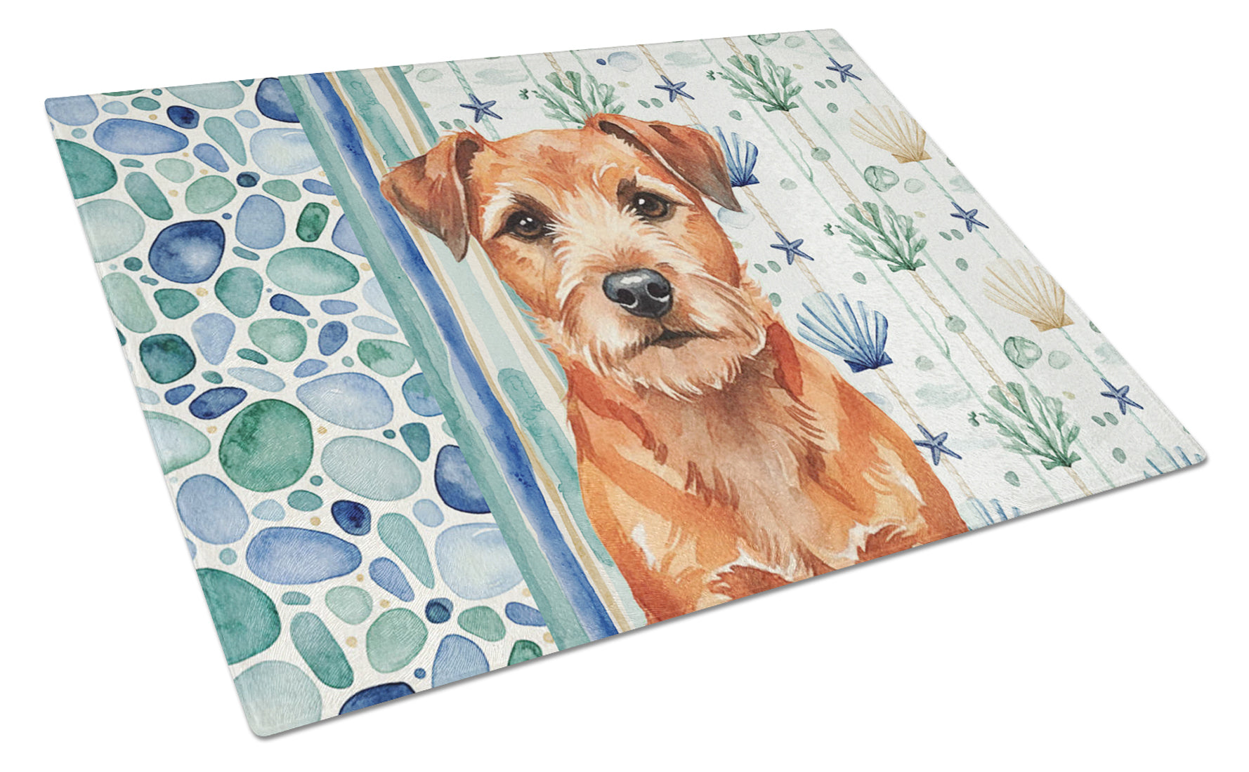 Red Border Terrier Coastal Sea Glass Cutting Board Tempered Glass Kitchen Cutting Surface, Heat Resistant Chopping, Non-Slip Feet, Food Prep & Serving