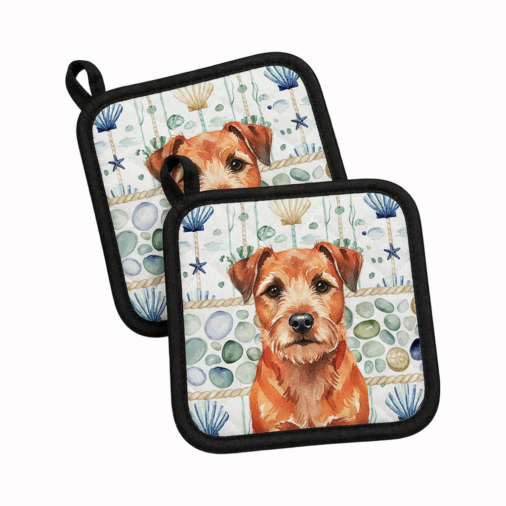 Red Border Terrier Coastal Sea Glass Pot Holder Set of 2 Heat Resistant Quilted Hot Pads 7.5 x 7.5 Inch, Insulated Kitchen Trivets for Cooking & Baking