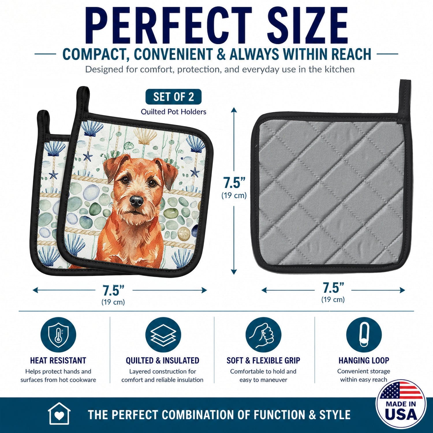Red Border Terrier Coastal Sea Glass Pot Holder Set of 2 Heat Resistant Quilted Hot Pads 7.5 x 7.5 Inch, Insulated Kitchen Trivets for Cooking & Baking
