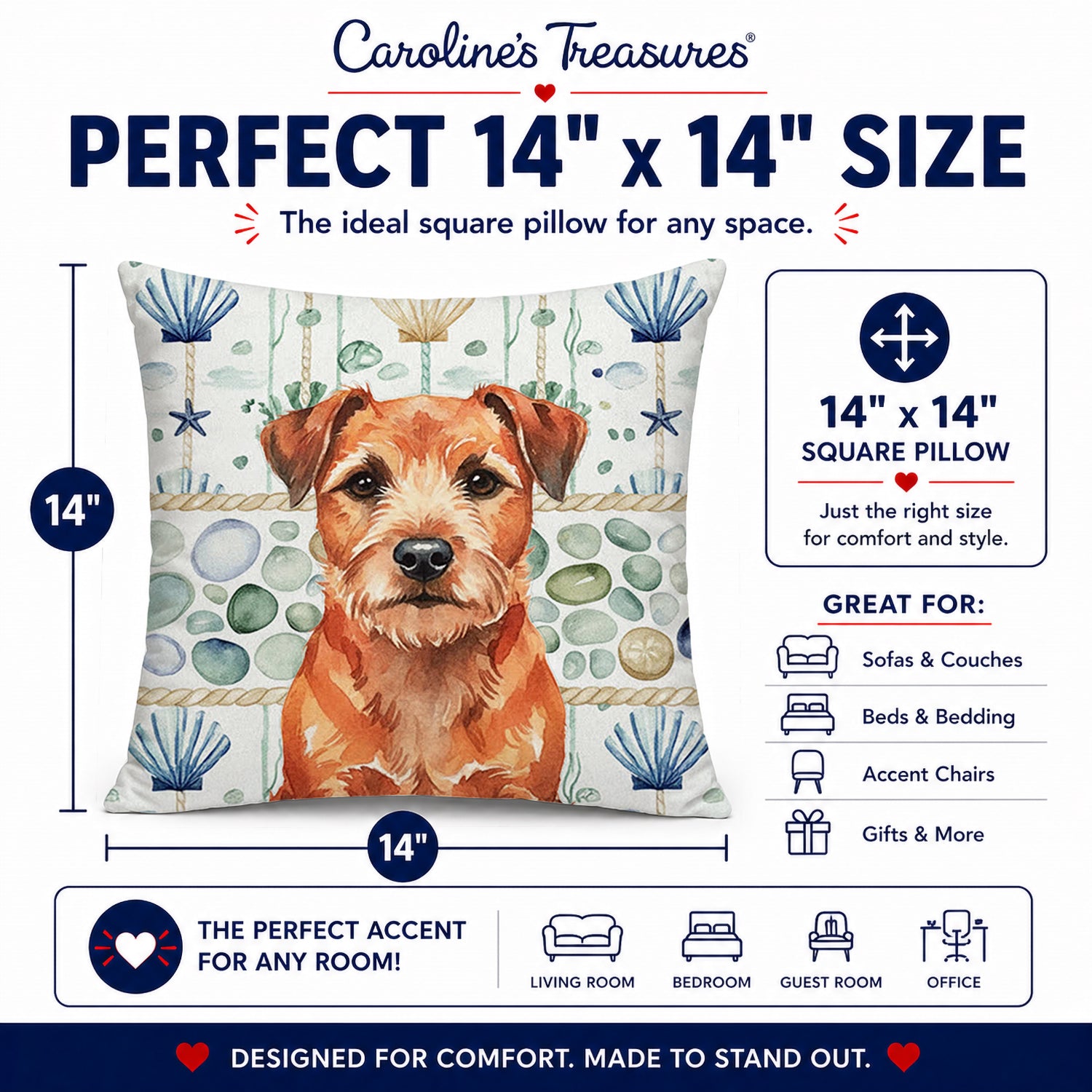 Red Border Terrier Coastal Sea Glass Decorative Throw Pillow 14x14 Indoor Outdoor Accent Cushion, Fabric Cover with Insert for Sofa, Bed, Porch & Living Room