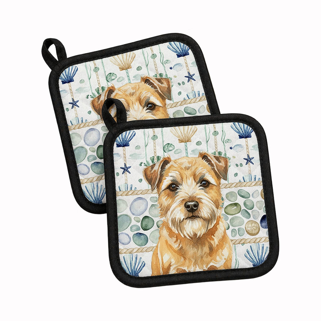 Wheaten Border Terrier Coastal Sea Glass Pot Holder Set of 2 Heat Resistant Quilted Hot Pads 7.5 x 7.5 Inch, Insulated Kitchen Trivets for Cooking & Baking