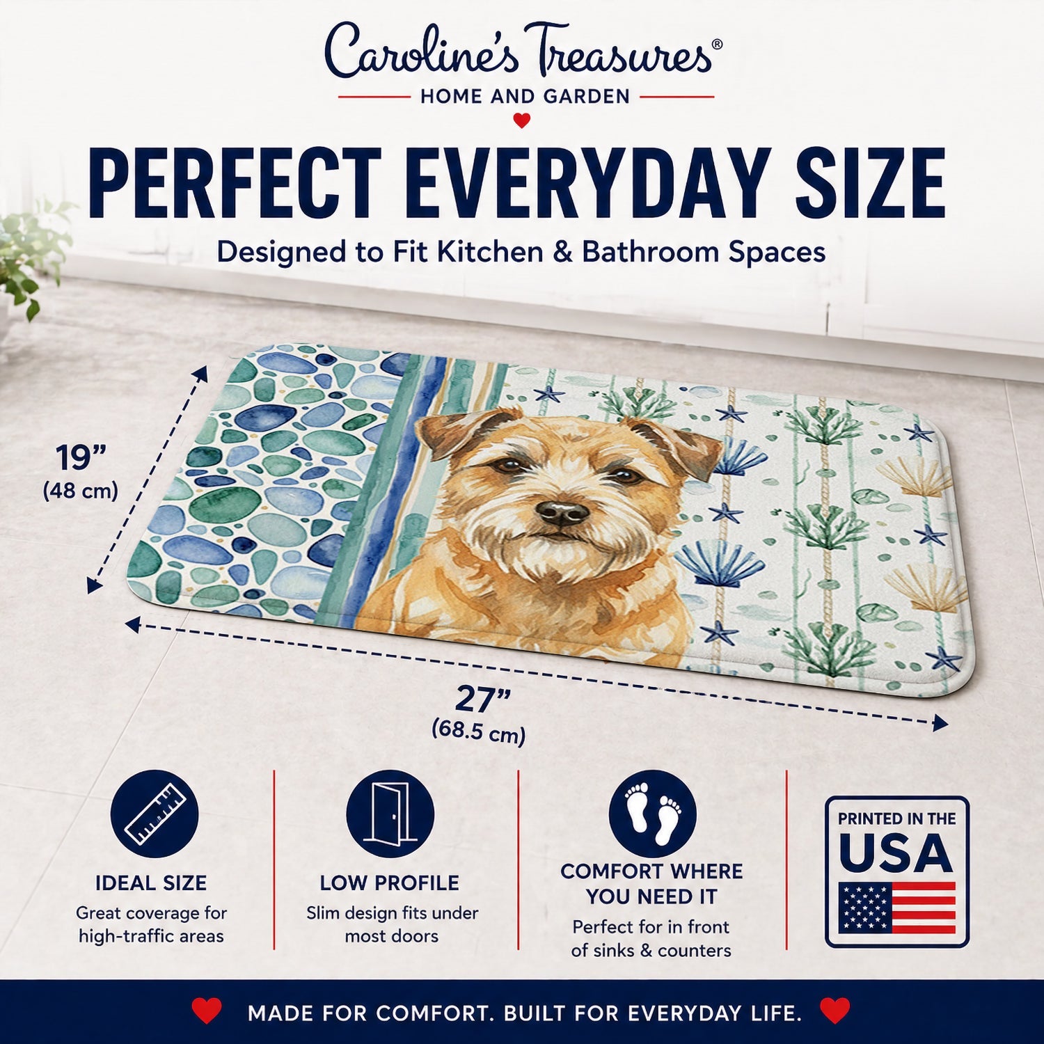 Wheaten Border Terrier Coastal Sea Glass Memory Foam Kitchen Mat Machine Washable Anti-Fatigue Cushion Comfort Bath or Kitchen Rug