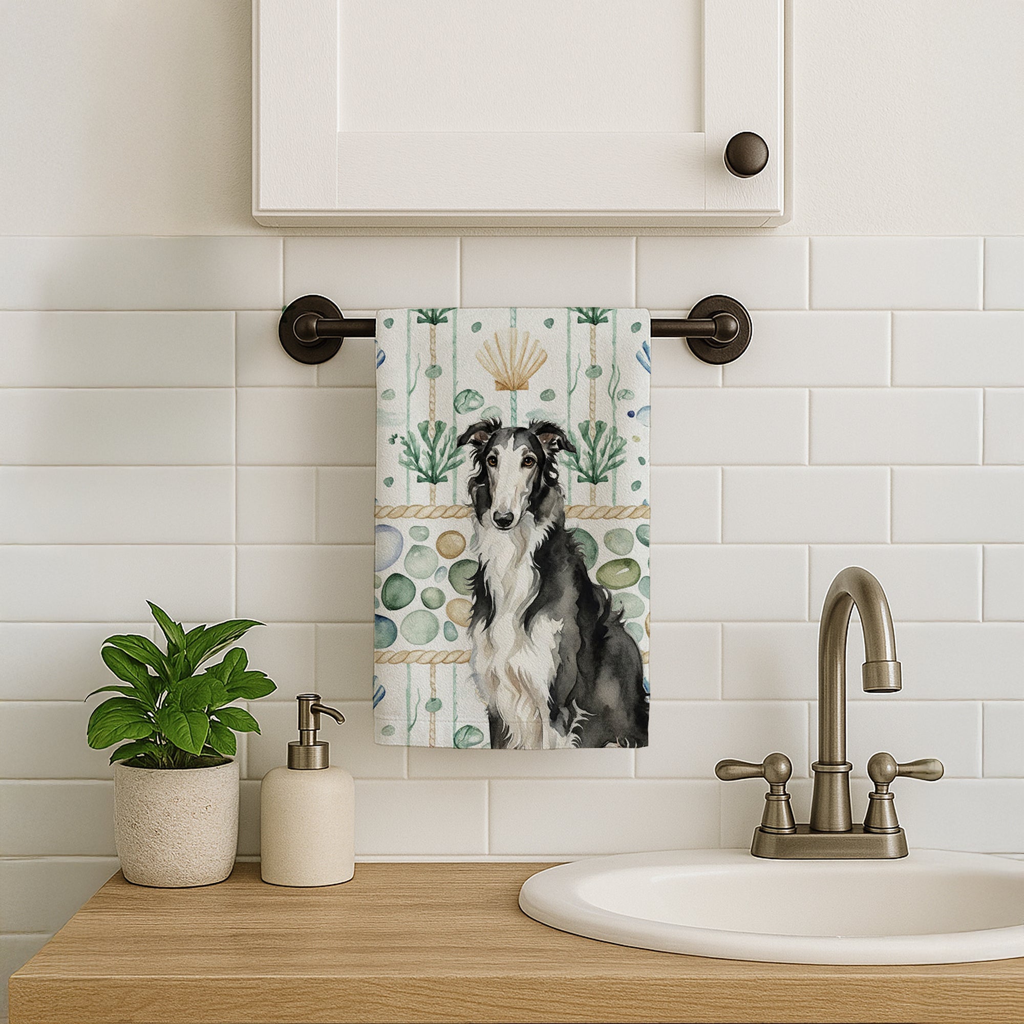 Black and White Borzoi Coastal Sea Glass Kitchen Towel Velour Plush Front and Cotton Loop Back Machine Washable