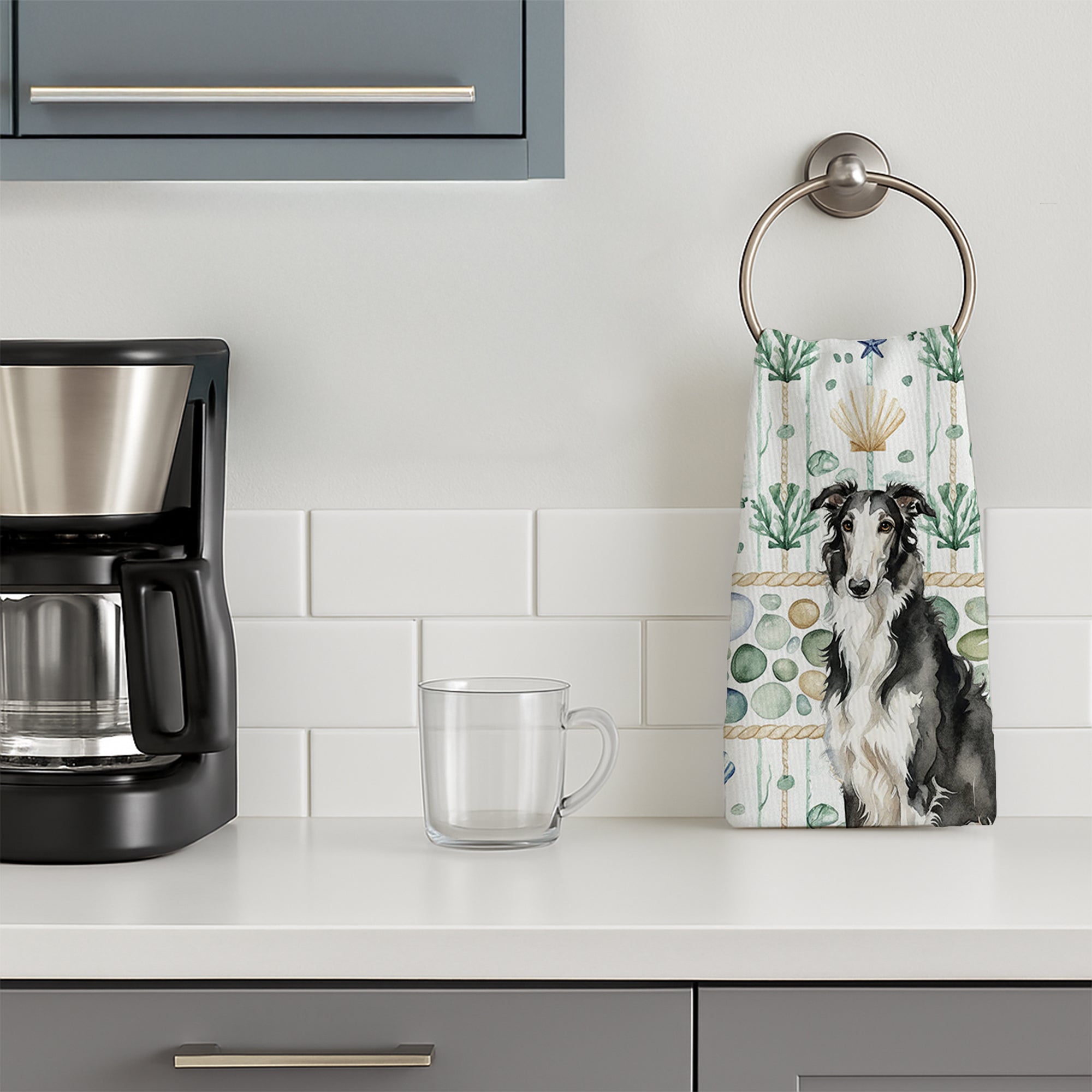 Black and White Borzoi Coastal Sea Glass Kitchen Towel Velour Plush Front and Cotton Loop Back Machine Washable