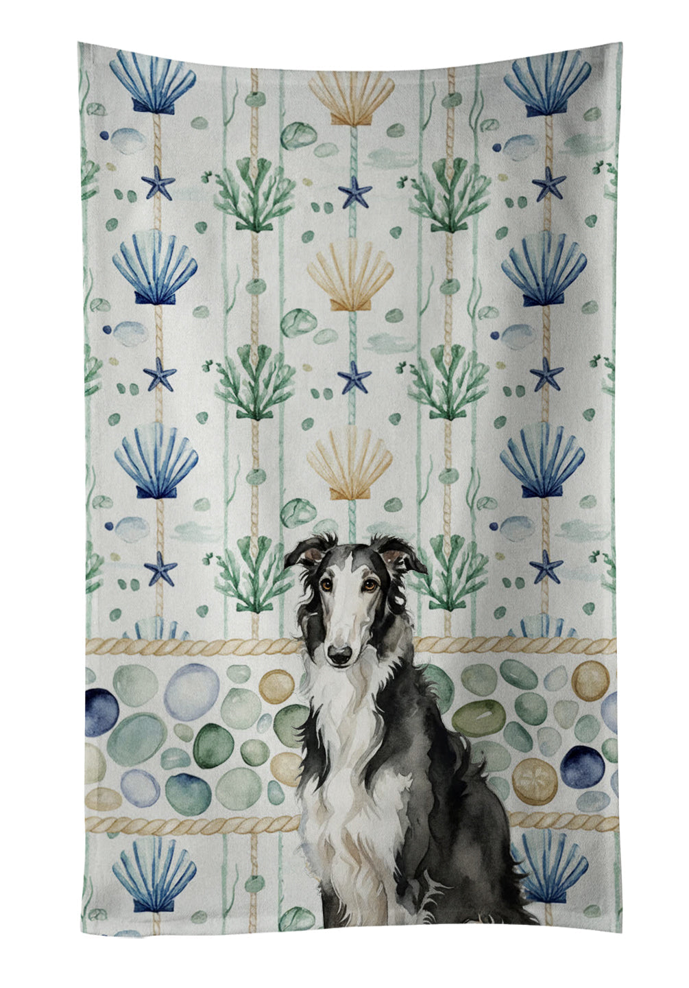 Black and White Borzoi Coastal Sea Glass Kitchen Towel Velour Plush Front and Cotton Loop Back Machine Washable
