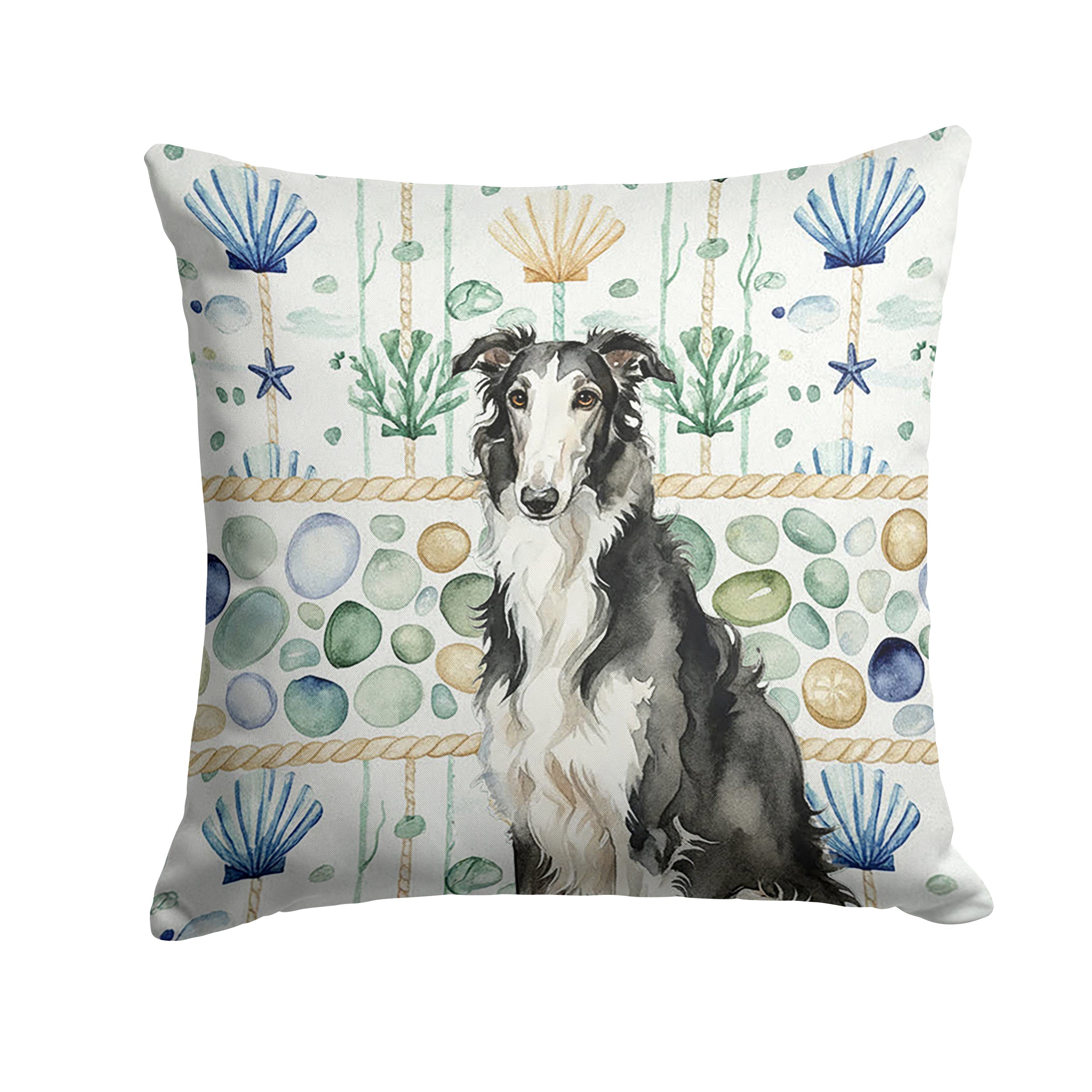 Black and White Borzoi Coastal Sea Glass Decorative Throw Pillow 14x14 Indoor Outdoor Accent Cushion, Fabric Cover with Insert for Sofa, Bed, Porch & Living Room