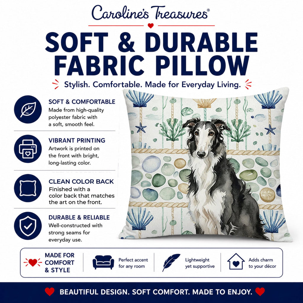 Black and White Borzoi Coastal Sea Glass Decorative Throw Pillow 18x18 Indoor Outdoor Accent Cushion, Fabric Cover with Insert for Sofa, Bed, Porch & Living Room