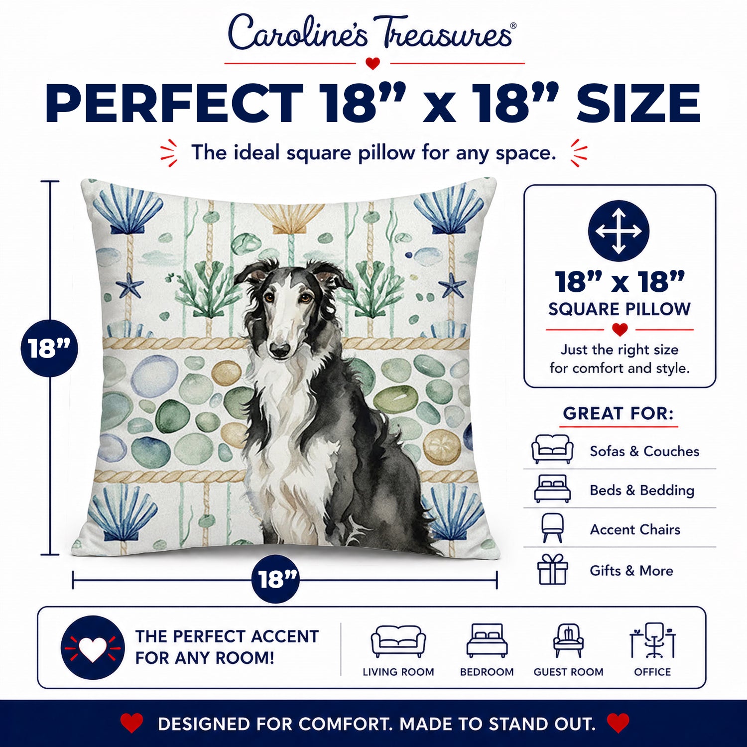 Black and White Borzoi Coastal Sea Glass Decorative Throw Pillow 18x18 Indoor Outdoor Accent Cushion, Fabric Cover with Insert for Sofa, Bed, Porch & Living Room