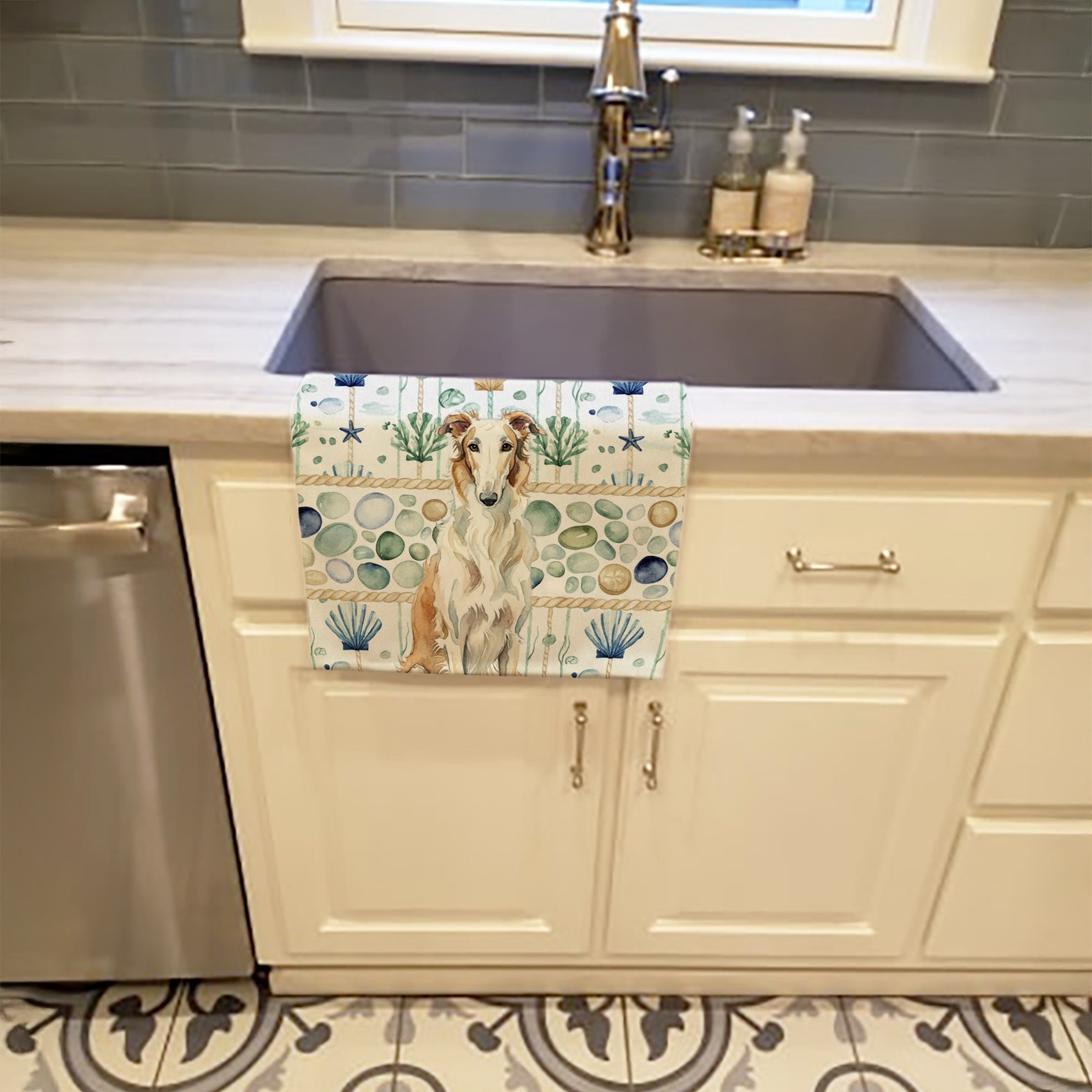 Borzoi Coastal Sea Glass Kitchen Towel Velour Plush Front and Cotton Loop Back Machine Washable