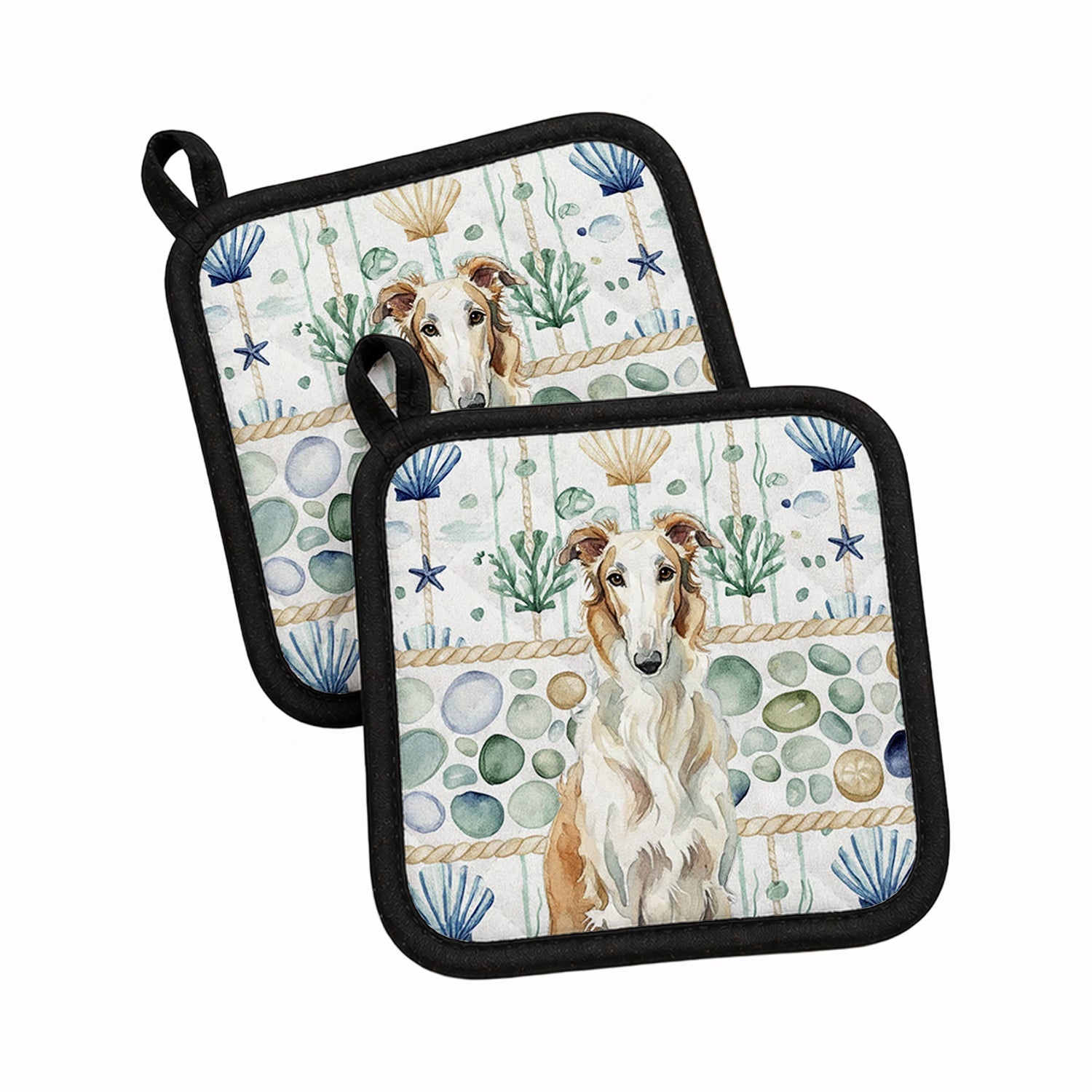 Borzoi Coastal Sea Glass Pot Holder Set of 2 Heat Resistant Quilted Hot Pads 7.5 x 7.5 Inch, Insulated Kitchen Trivets for Cooking & Baking