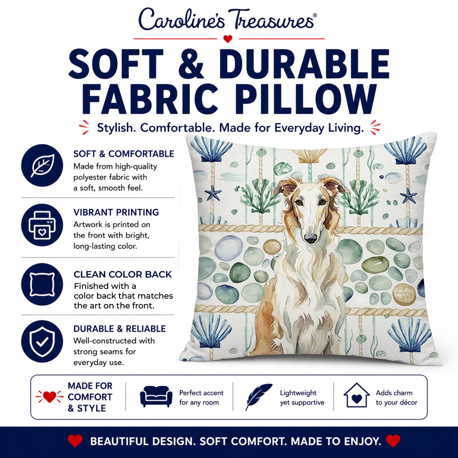 Borzoi Coastal Sea Glass Decorative Throw Pillow 14x14 Indoor Outdoor Accent Cushion, Fabric Cover with Insert for Sofa, Bed, Porch & Living Room
