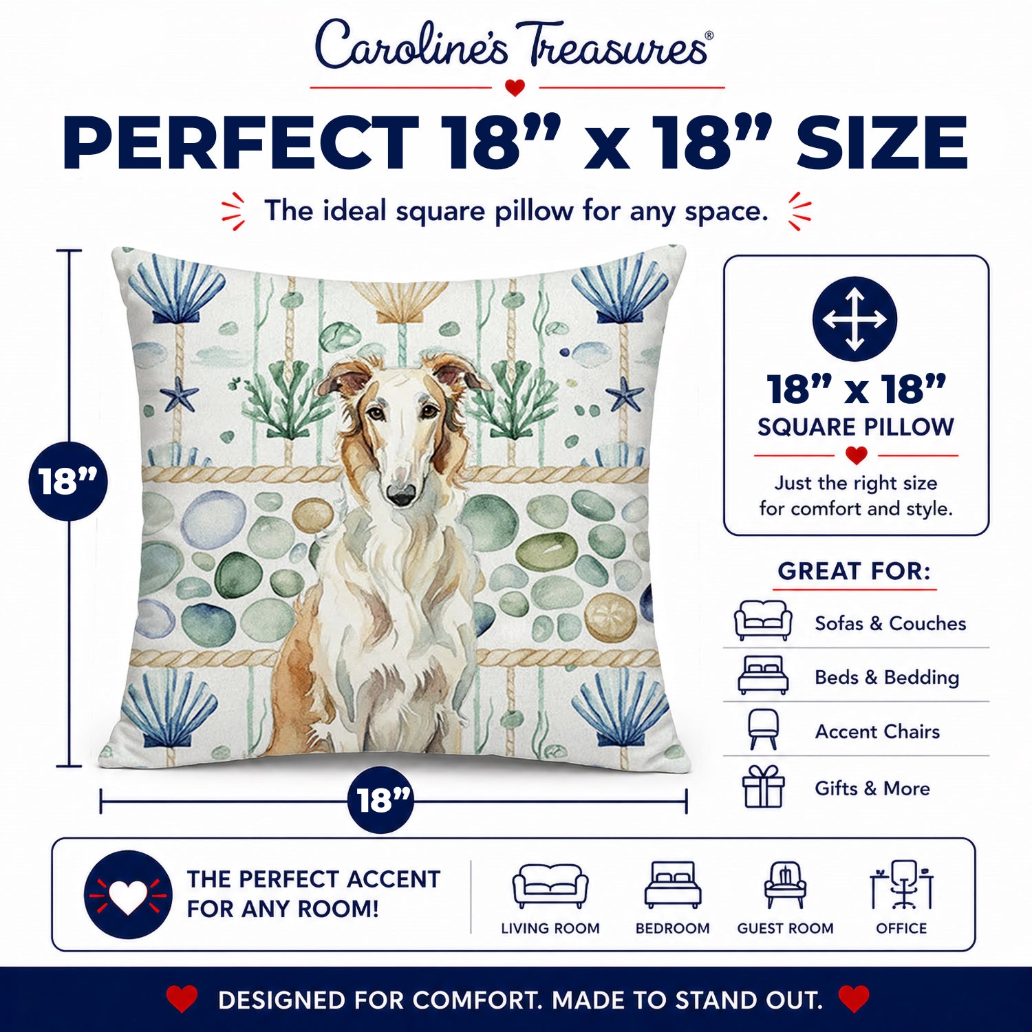 Borzoi Coastal Sea Glass Decorative Throw Pillow 18x18 Indoor Outdoor Accent Cushion, Fabric Cover with Insert for Sofa, Bed, Porch & Living Room