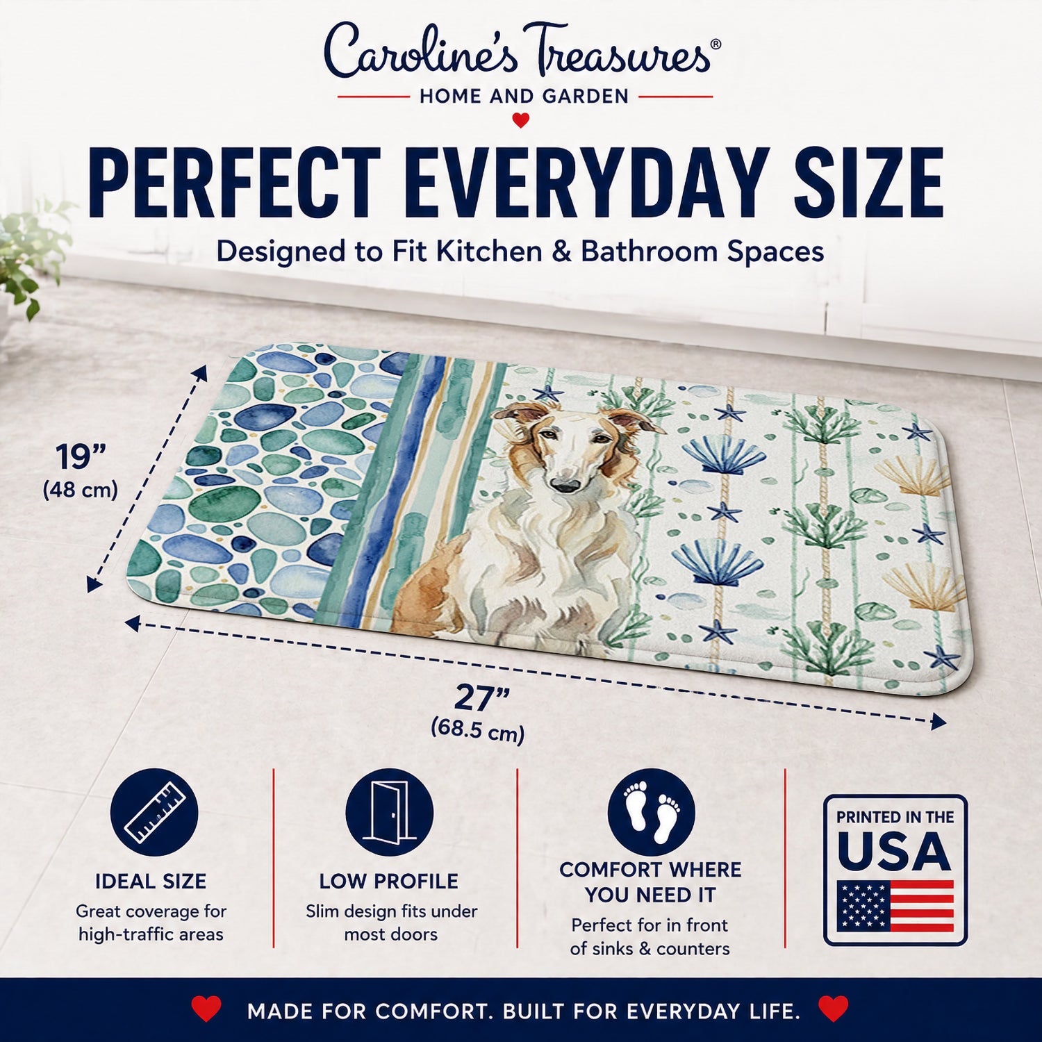 Borzoi Coastal Sea Glass Memory Foam Kitchen Mat Machine Washable Anti-Fatigue Cushion Comfort Bath or Kitchen Rug
