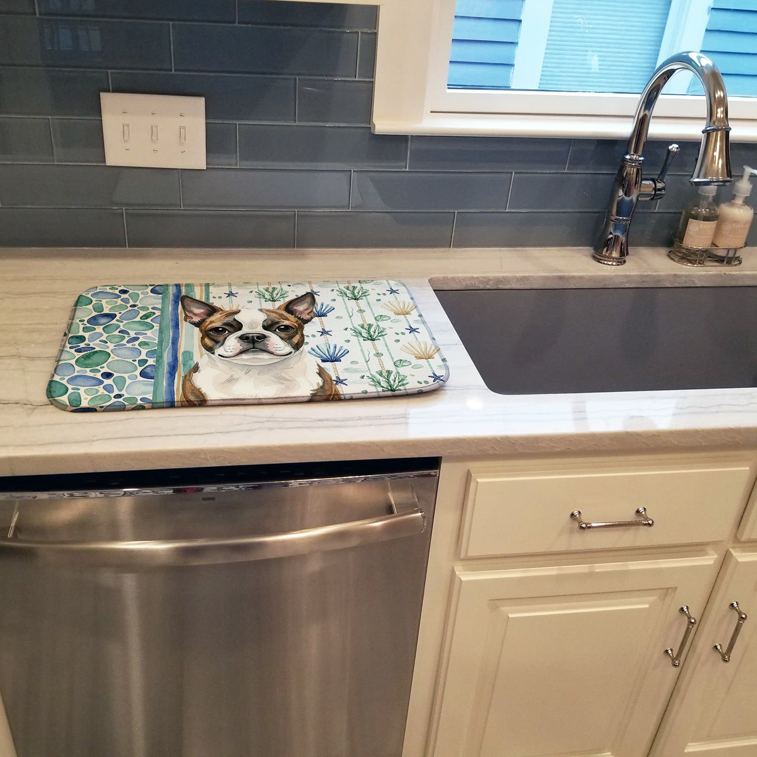 Brindle Boston Terrier Coastal Sea Glass Dish Drying Mat Absorbent Dish Drying Mat Pad for Kitchen Counter Dish Drainer Mat for Countertop, 14 x 21", Multicolor