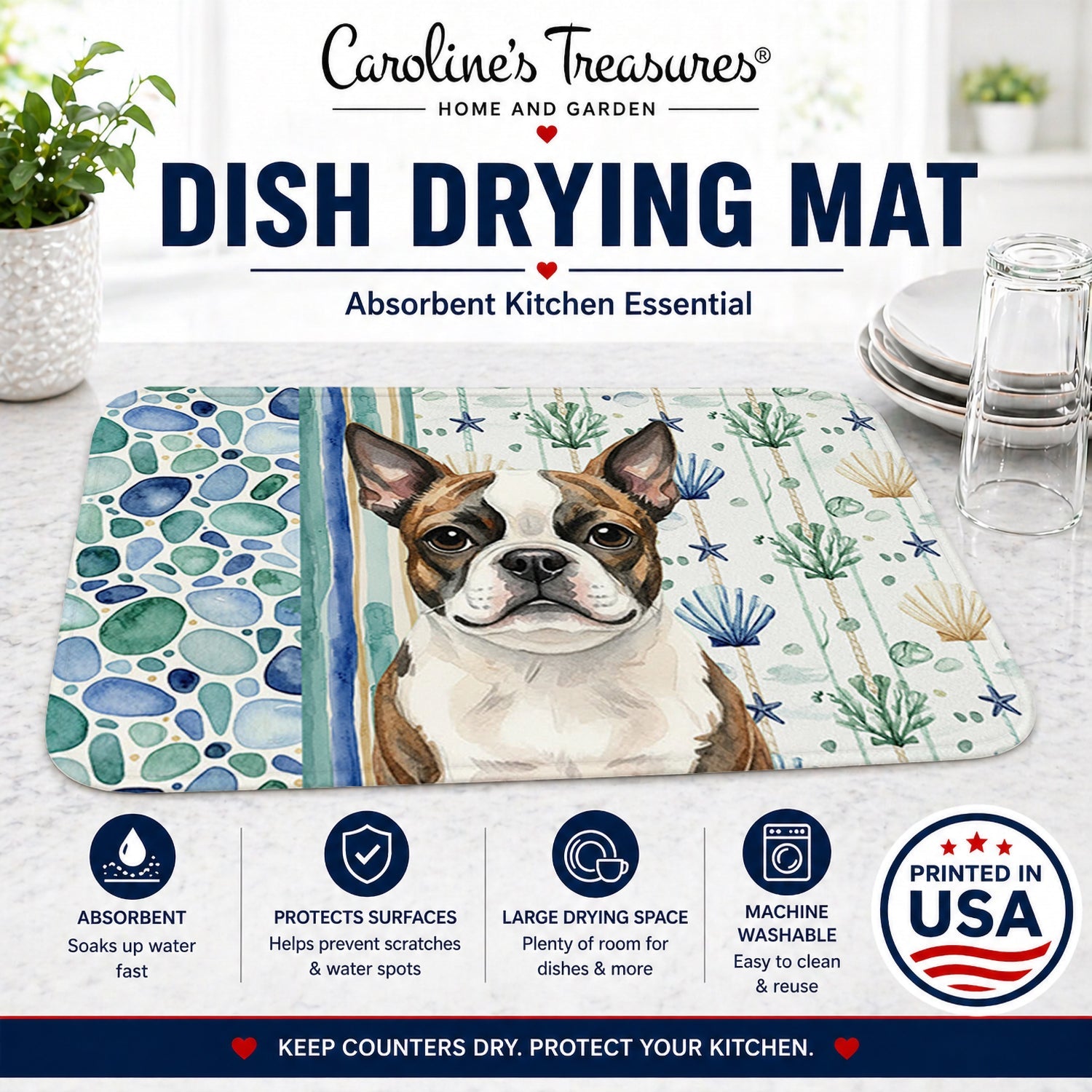 Brindle Boston Terrier Coastal Sea Glass Dish Drying Mat Absorbent Dish Drying Mat Pad for Kitchen Counter Dish Drainer Mat for Countertop, 14 x 21", Multicolor