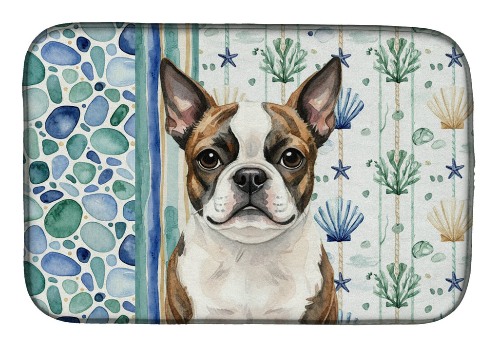 Brindle Boston Terrier Coastal Sea Glass Dish Drying Mat Absorbent Dish Drying Mat Pad for Kitchen Counter Dish Drainer Mat for Countertop, 14 x 21", Multicolor