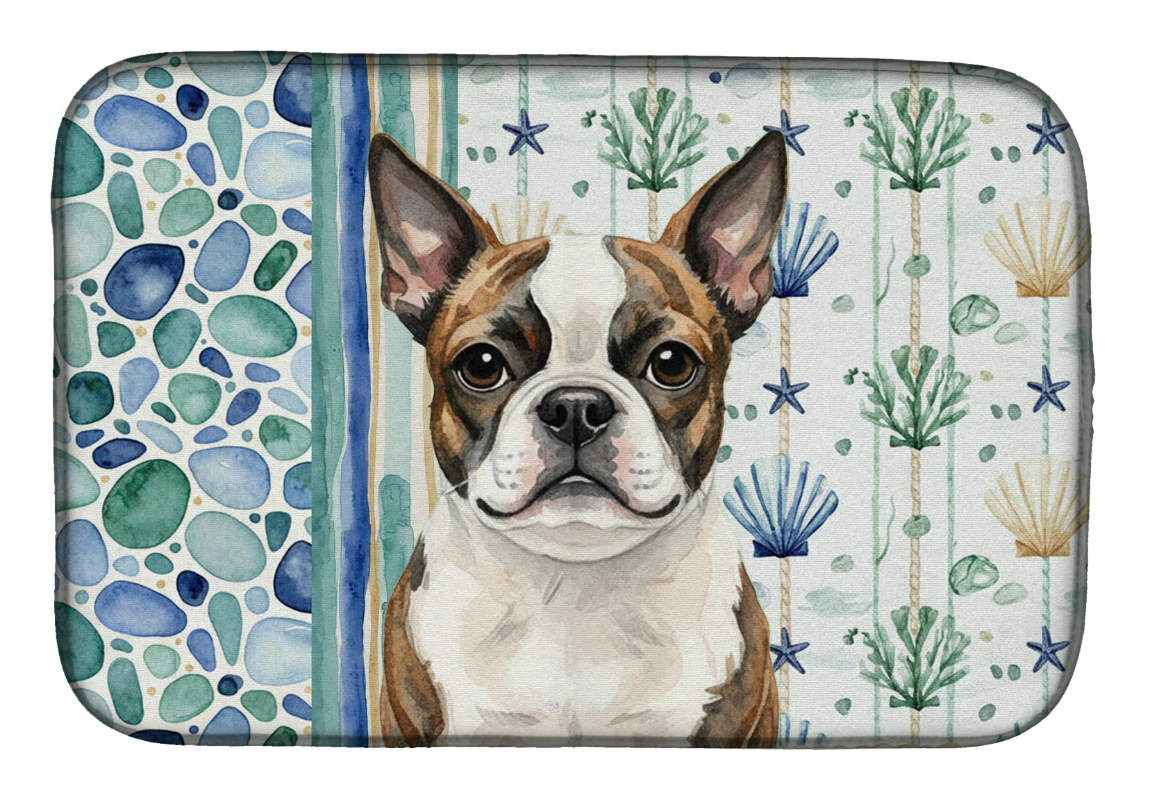 Brindle Boston Terrier Coastal Sea Glass Dish Drying Mat Absorbent Dish Drying Mat Pad for Kitchen Counter Dish Drainer Mat for Countertop, 14 x 21", Multicolor