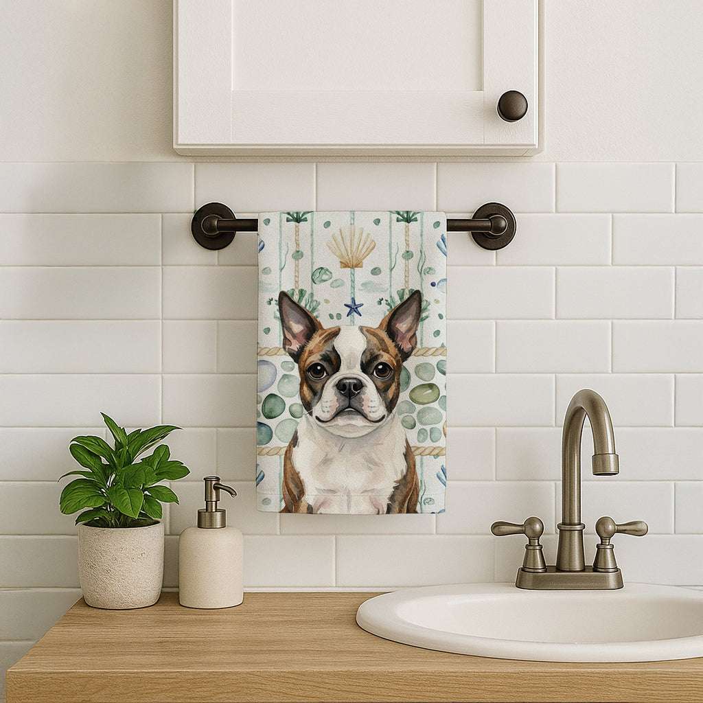 Brindle Boston Terrier Coastal Sea Glass Kitchen Towel Velour Plush Front and Cotton Loop Back Machine Washable