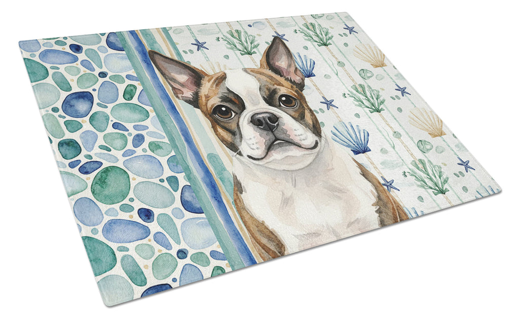 Brindle Boston Terrier Coastal Sea Glass Cutting Board Tempered Glass Kitchen Cutting Surface, Heat Resistant Chopping, Non-Slip Feet, Food Prep & Serving