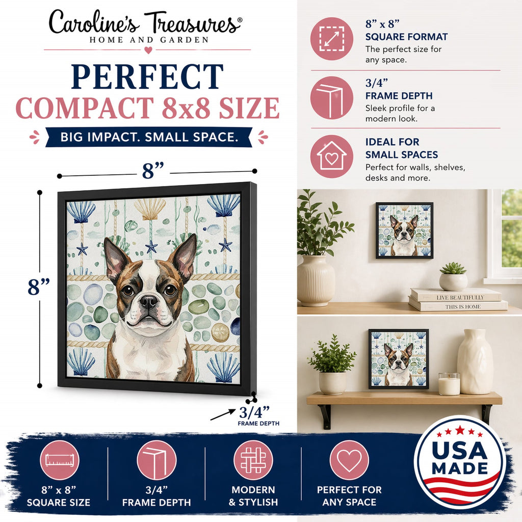Brindle Boston Terrier Coastal Sea Glass Framed Metal Print Bathroom, Kitchen, Office, Home Decor Wall Art Ready to Hang, Square, 8X8
