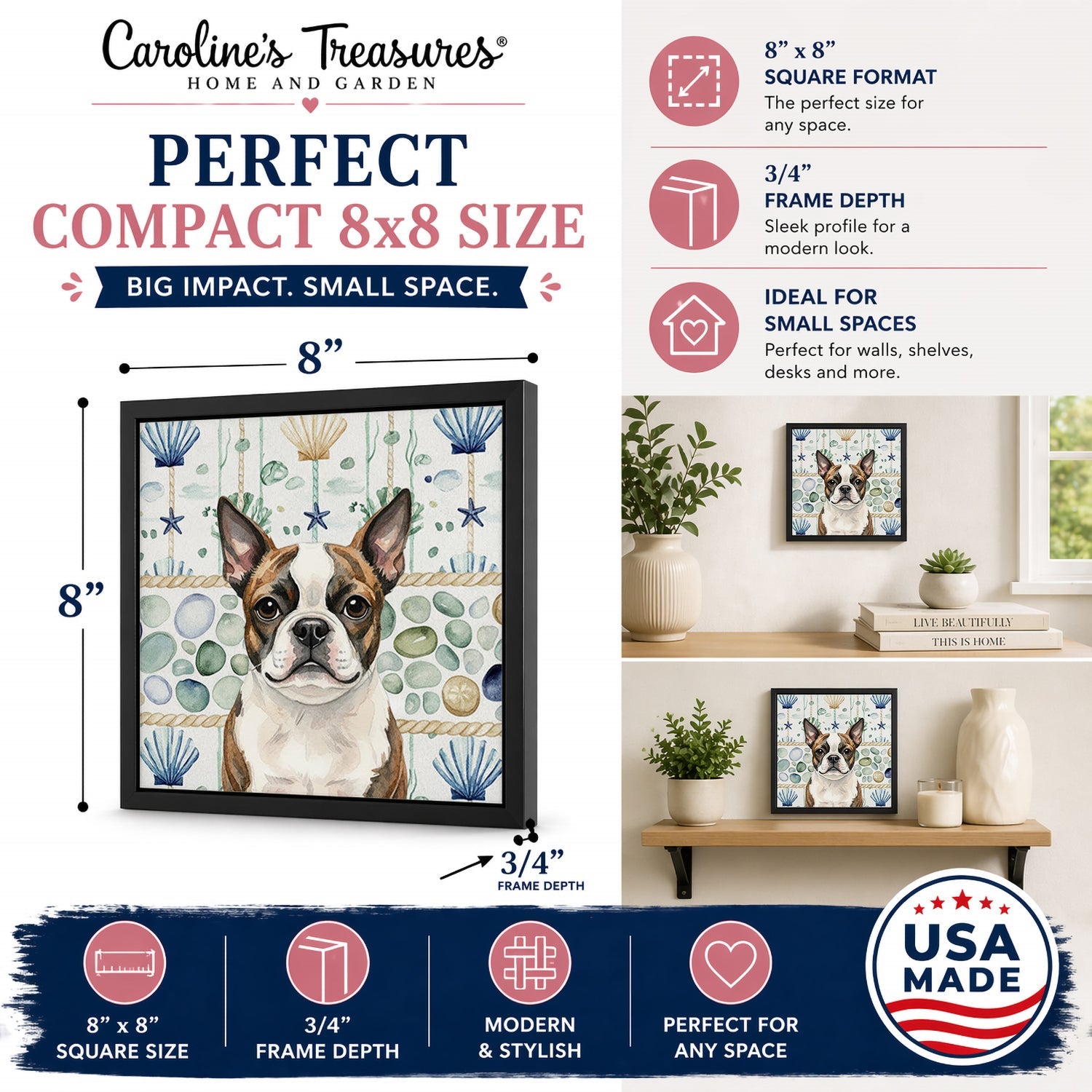 Brindle Boston Terrier Coastal Sea Glass Framed Metal Print Bathroom, Kitchen, Office, Home Decor Wall Art Ready to Hang, Square, 8X8