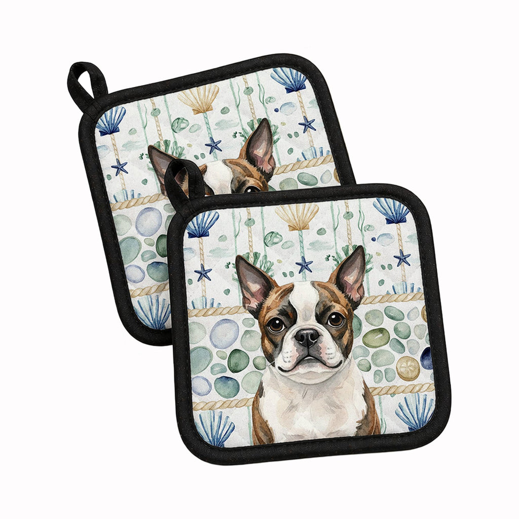 Brindle Boston Terrier Coastal Sea Glass Pot Holder Set of 2 Heat Resistant Quilted Hot Pads 7.5 x 7.5 Inch, Insulated Kitchen Trivets for Cooking & Baking