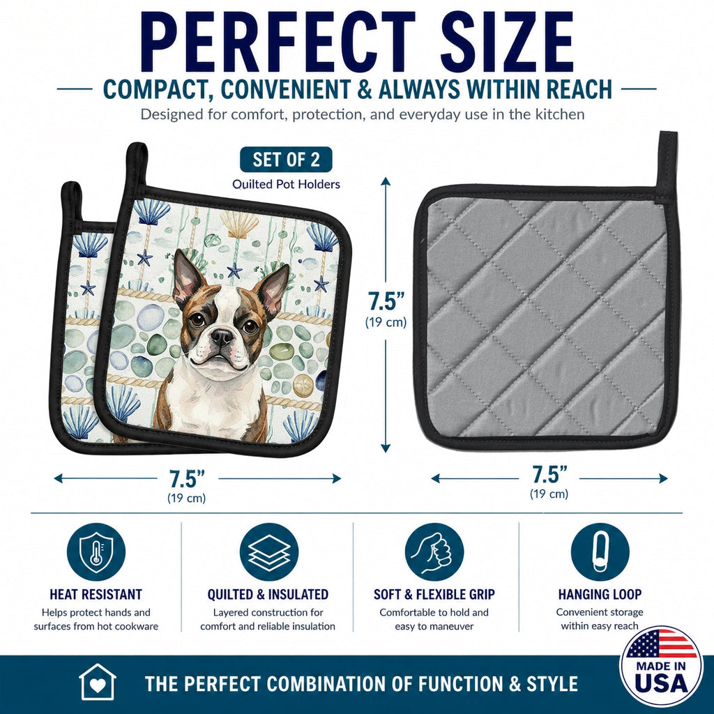 Brindle Boston Terrier Coastal Sea Glass Pot Holder Set of 2 Heat Resistant Quilted Hot Pads 7.5 x 7.5 Inch, Insulated Kitchen Trivets for Cooking & Baking