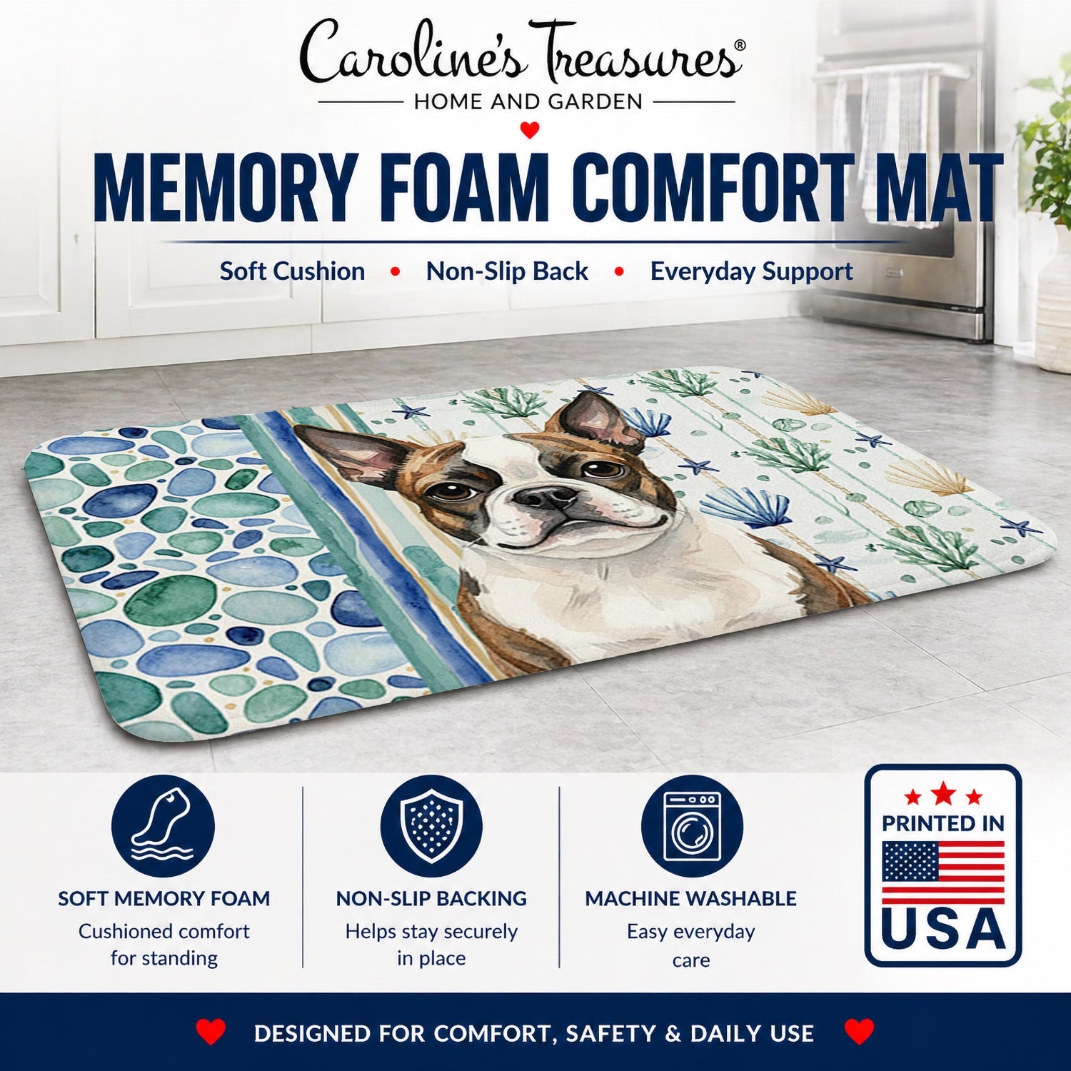 Brindle Boston Terrier Coastal Sea Glass Memory Foam Kitchen Mat Machine Washable Anti-Fatigue Cushion Comfort Bath or Kitchen Rug