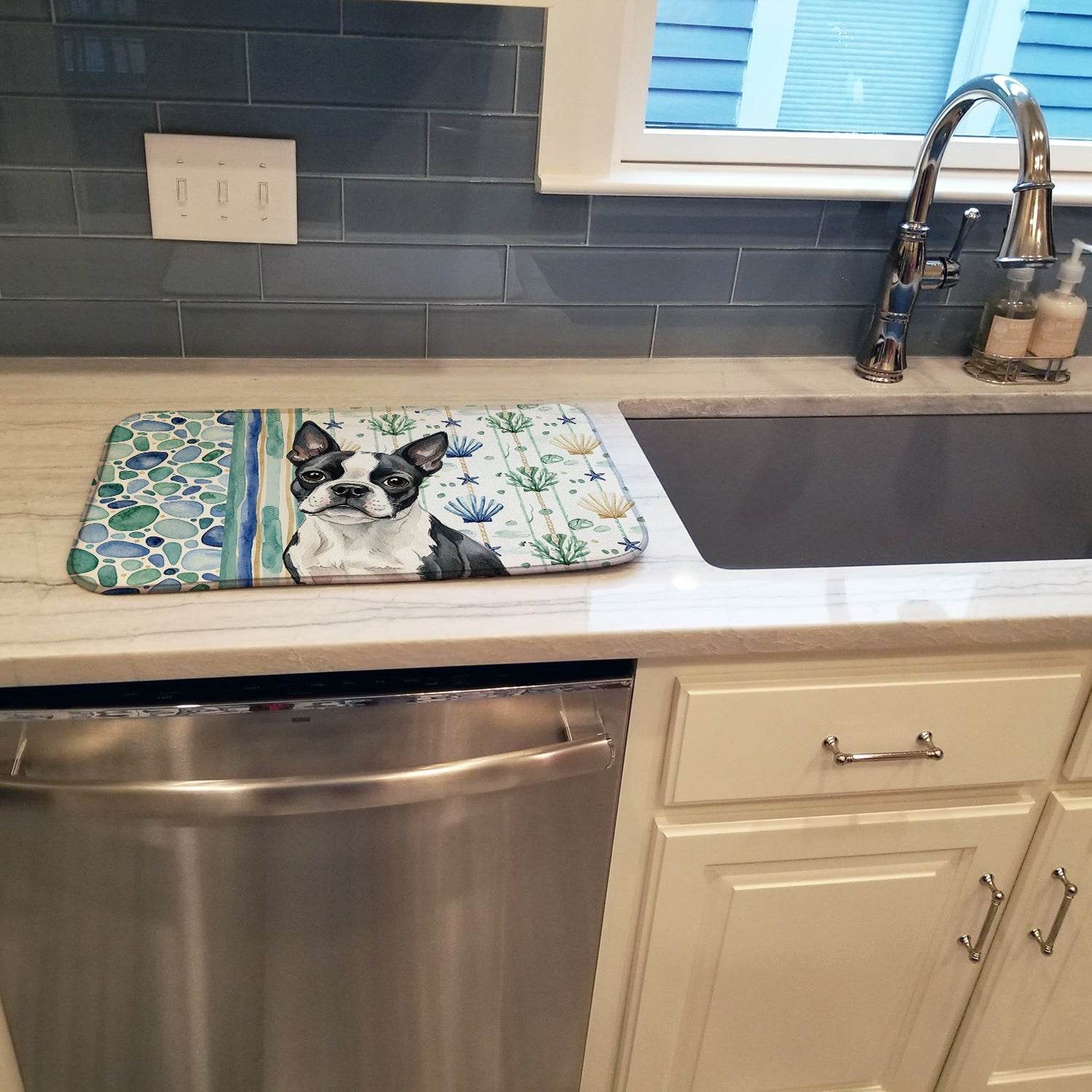 Boston Terrier Coastal Sea Glass Dish Drying Mat Absorbent Dish Drying Mat Pad for Kitchen Counter Dish Drainer Mat for Countertop, 14 x 21", Multicolor