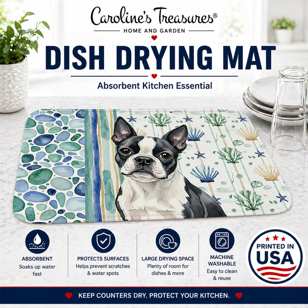 Boston Terrier Coastal Sea Glass Dish Drying Mat Absorbent Dish Drying Mat Pad for Kitchen Counter Dish Drainer Mat for Countertop, 14 x 21", Multicolor