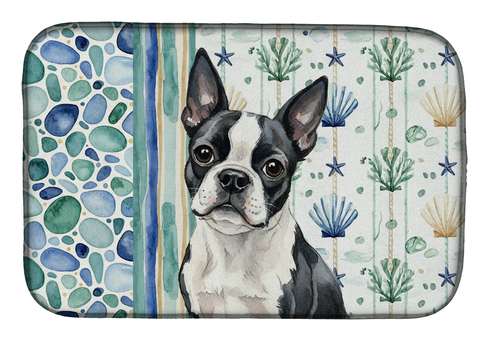 Boston Terrier Coastal Sea Glass Dish Drying Mat Absorbent Dish Drying Mat Pad for Kitchen Counter Dish Drainer Mat for Countertop, 14 x 21", Multicolor