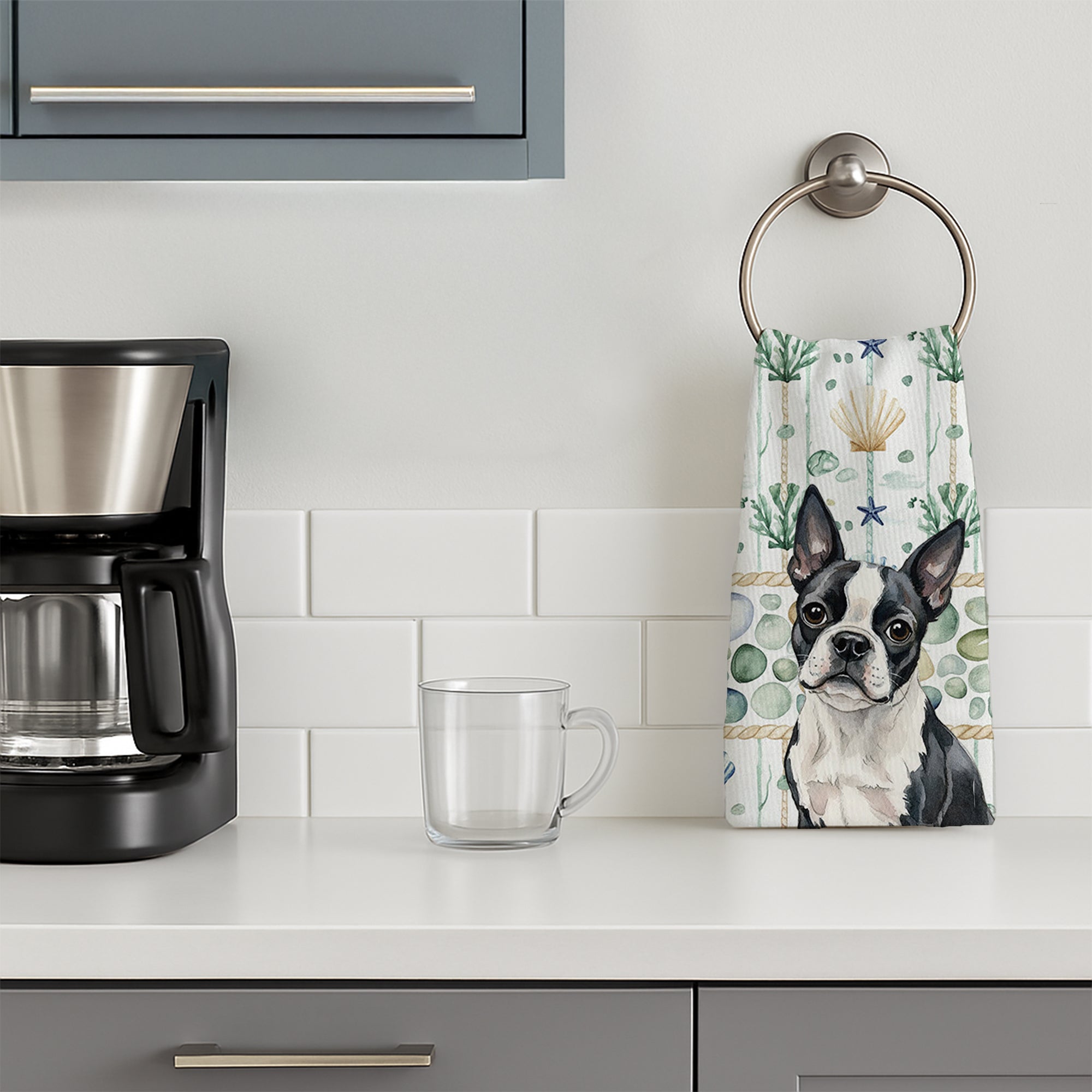 Boston Terrier Coastal Sea Glass Kitchen Towel Velour Plush Front and Cotton Loop Back Machine Washable