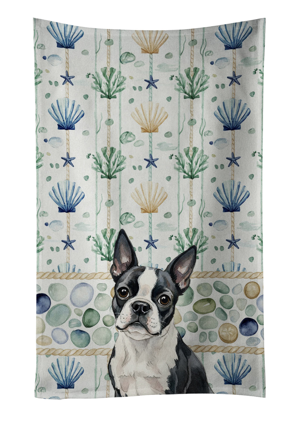 Boston Terrier Coastal Sea Glass Kitchen Towel Velour Plush Front and Cotton Loop Back Machine Washable