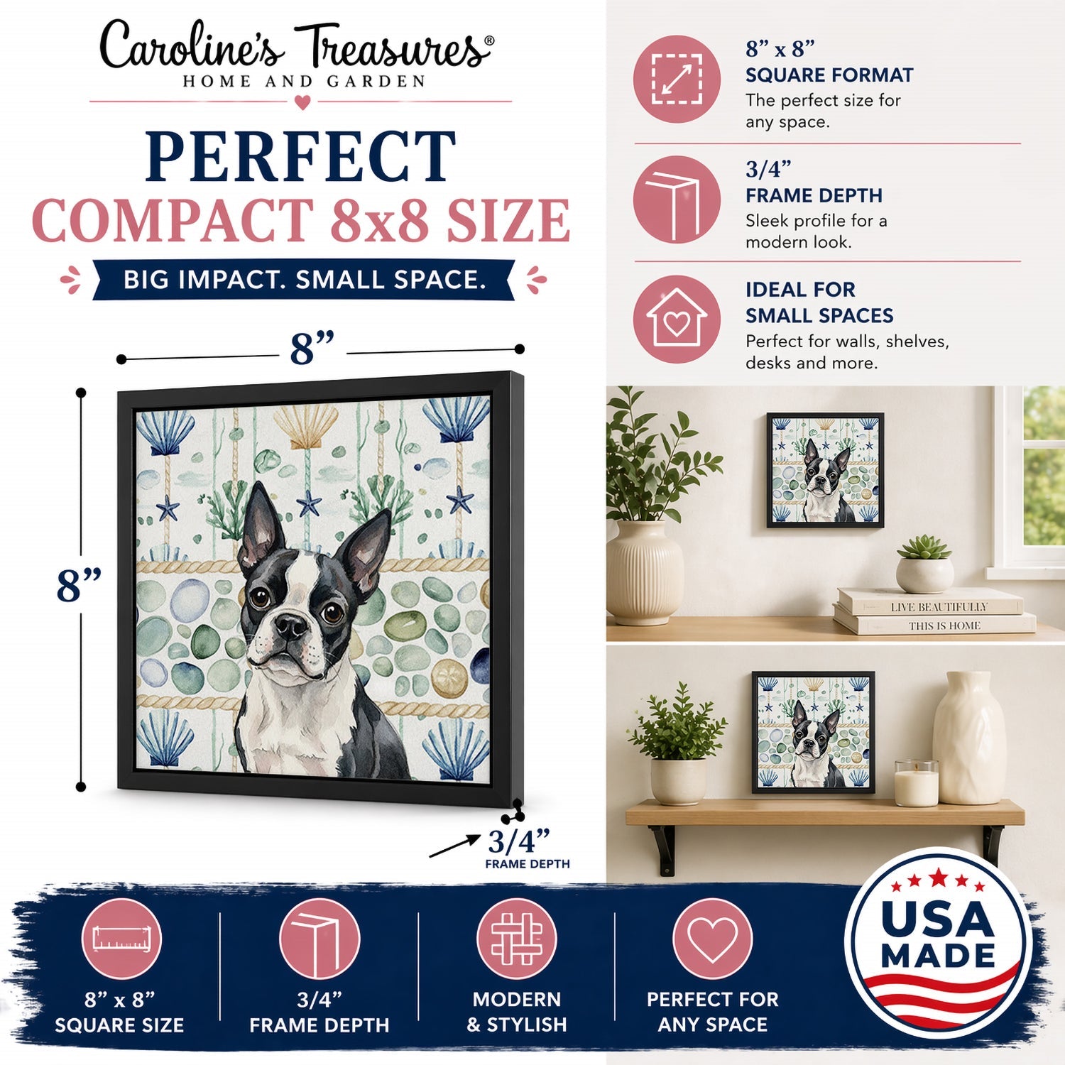 Boston Terrier Coastal Sea Glass Framed Metal Print Bathroom, Kitchen, Office, Home Decor Wall Art Ready to Hang, Square, 8X8