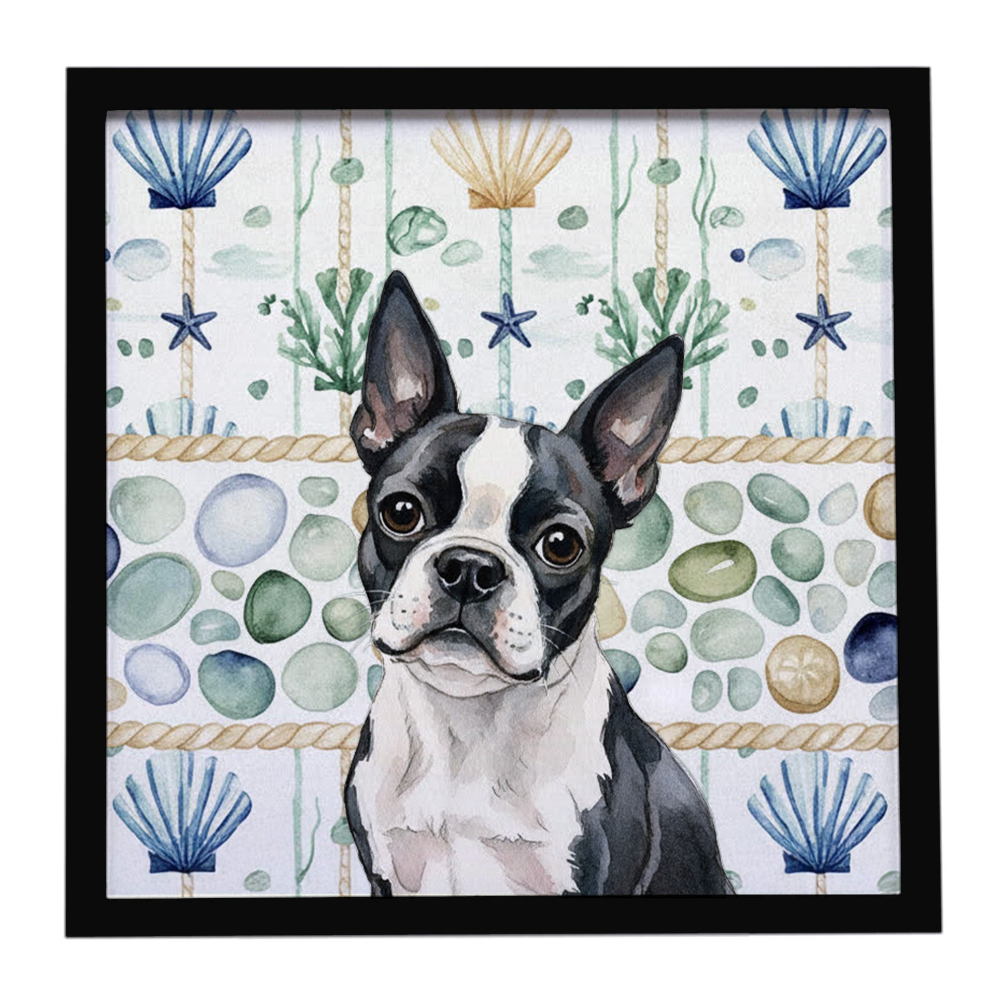 Boston Terrier Coastal Sea Glass Framed Metal Print Bathroom, Kitchen, Office, Home Decor Wall Art Ready to Hang, Square, 8X8