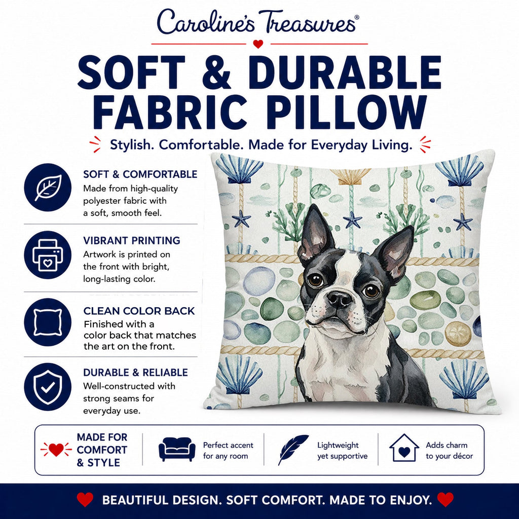 Boston Terrier Coastal Sea Glass Decorative Throw Pillow 14x14 Indoor Outdoor Accent Cushion, Fabric Cover with Insert for Sofa, Bed, Porch & Living Room