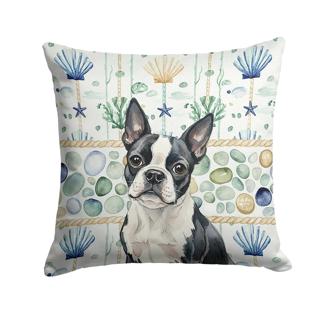 Boston Terrier Coastal Sea Glass Decorative Throw Pillow 14x14 Indoor Outdoor Accent Cushion, Fabric Cover with Insert for Sofa, Bed, Porch & Living Room